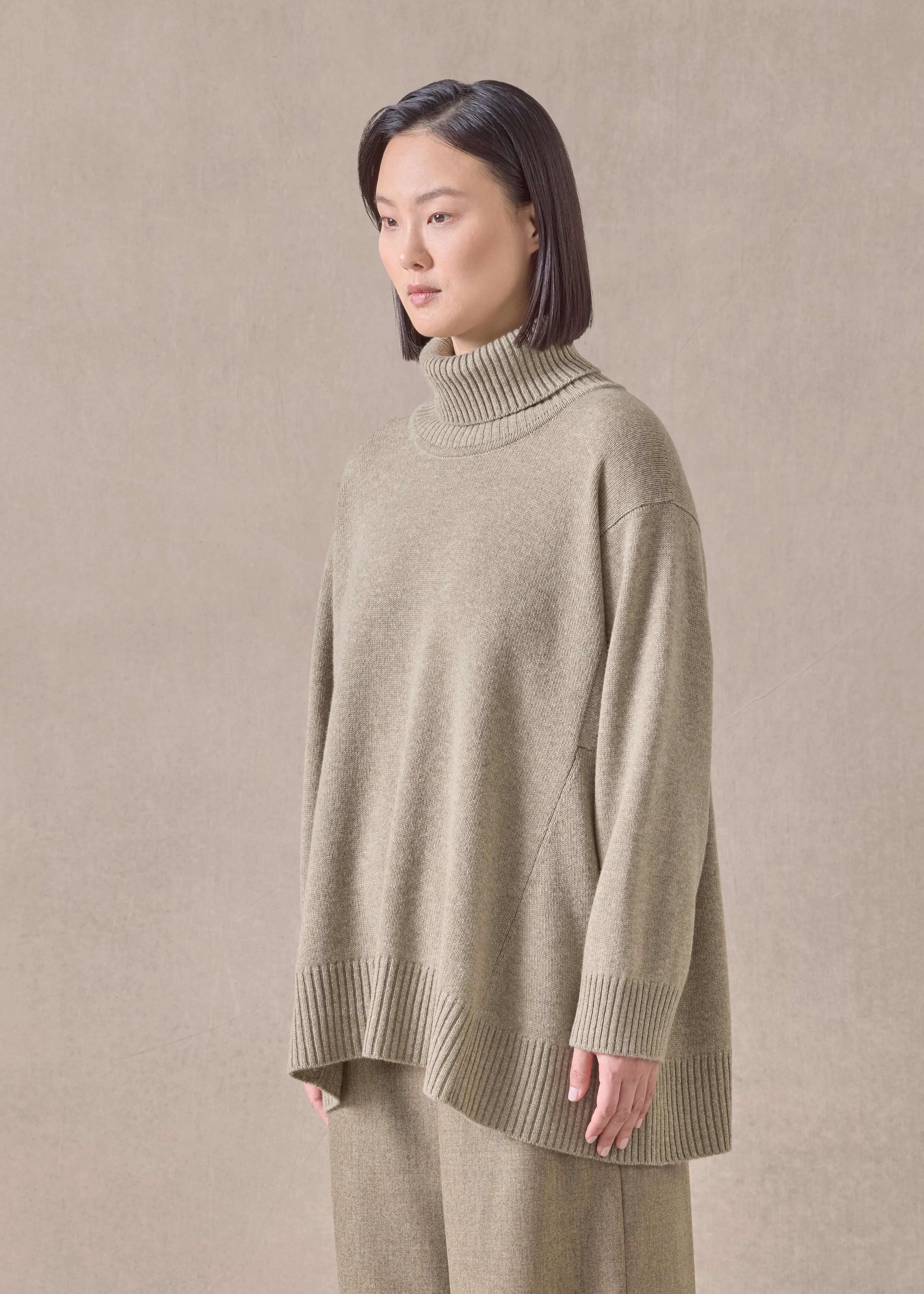 cashmere panelled a-line roll neck sweater - mid plus (greensand) sold by eskandar product image thumbnail 2