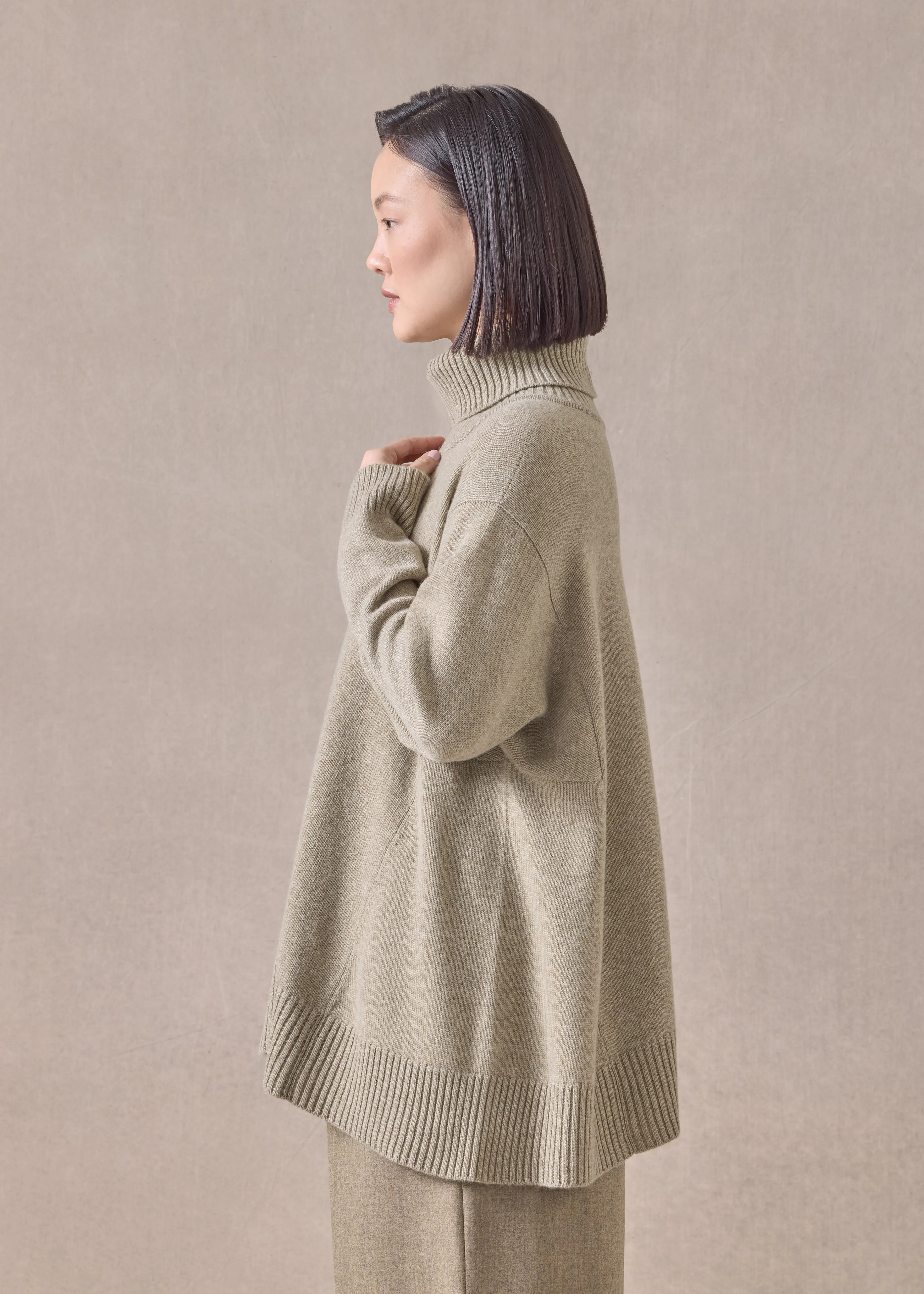 cashmere panelled a-line roll neck sweater - mid plus (greensand) sold by eskandar product image thumbnail 3