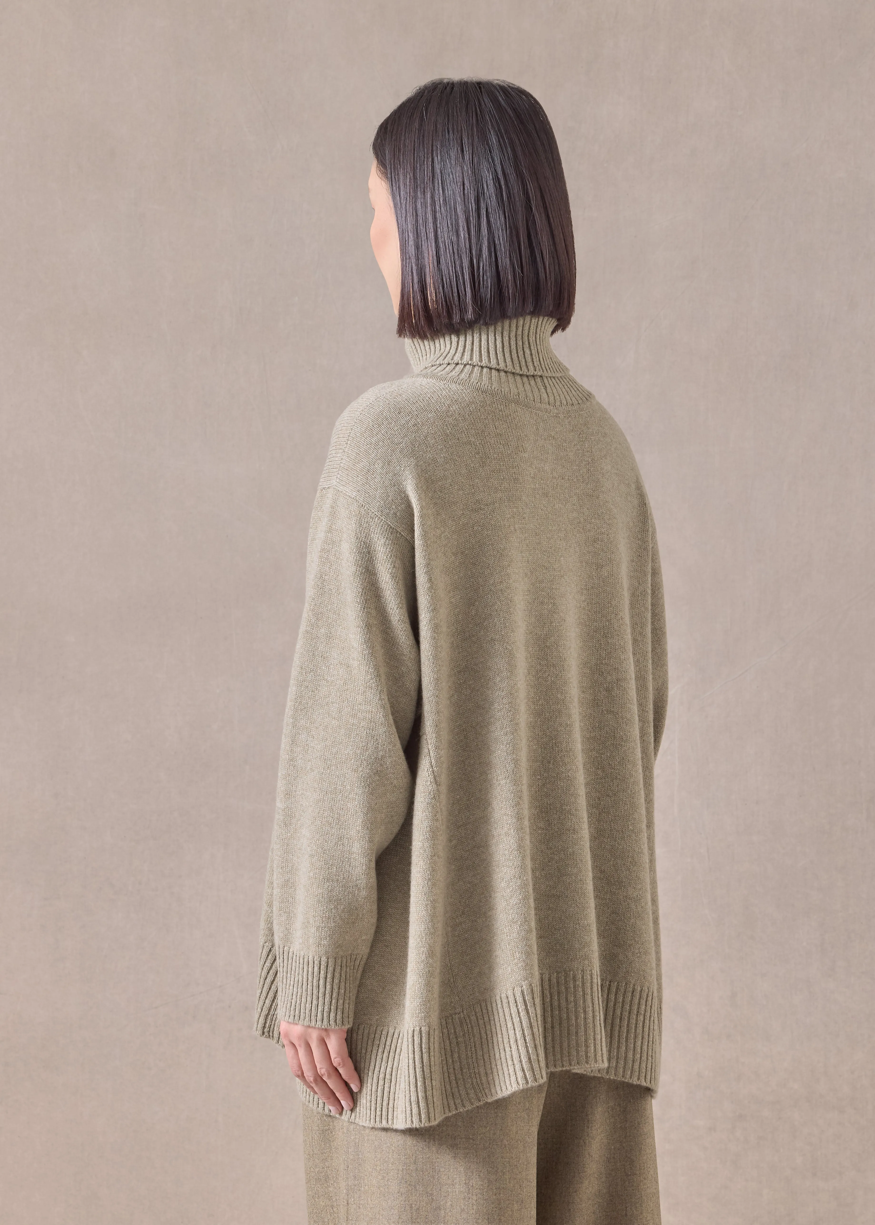 cashmere panelled a-line roll neck sweater - mid plus (greensand) sold by eskandar product image thumbnail 4