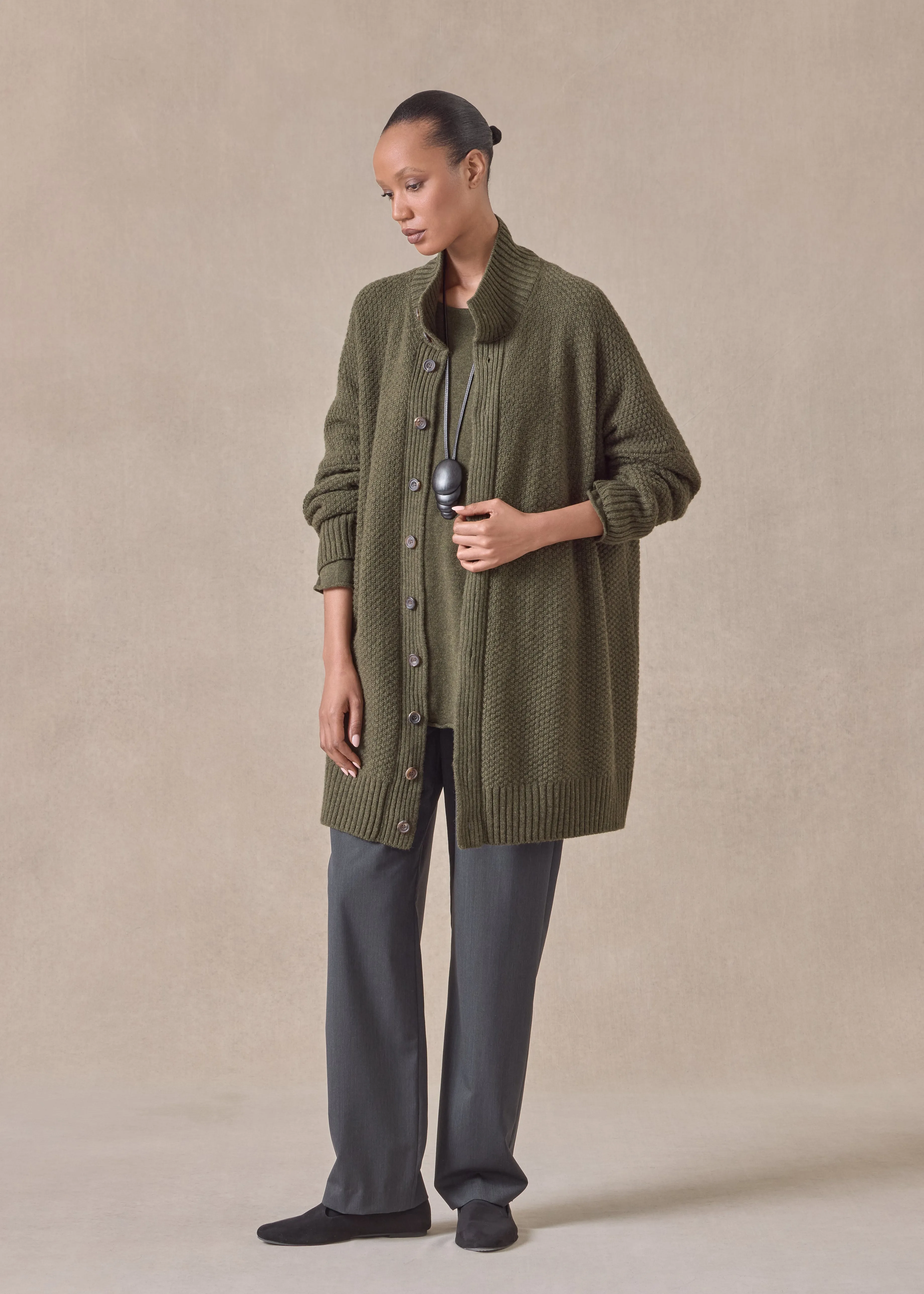 cashmere wide high neck button cardigan - long plus sold by eskandar