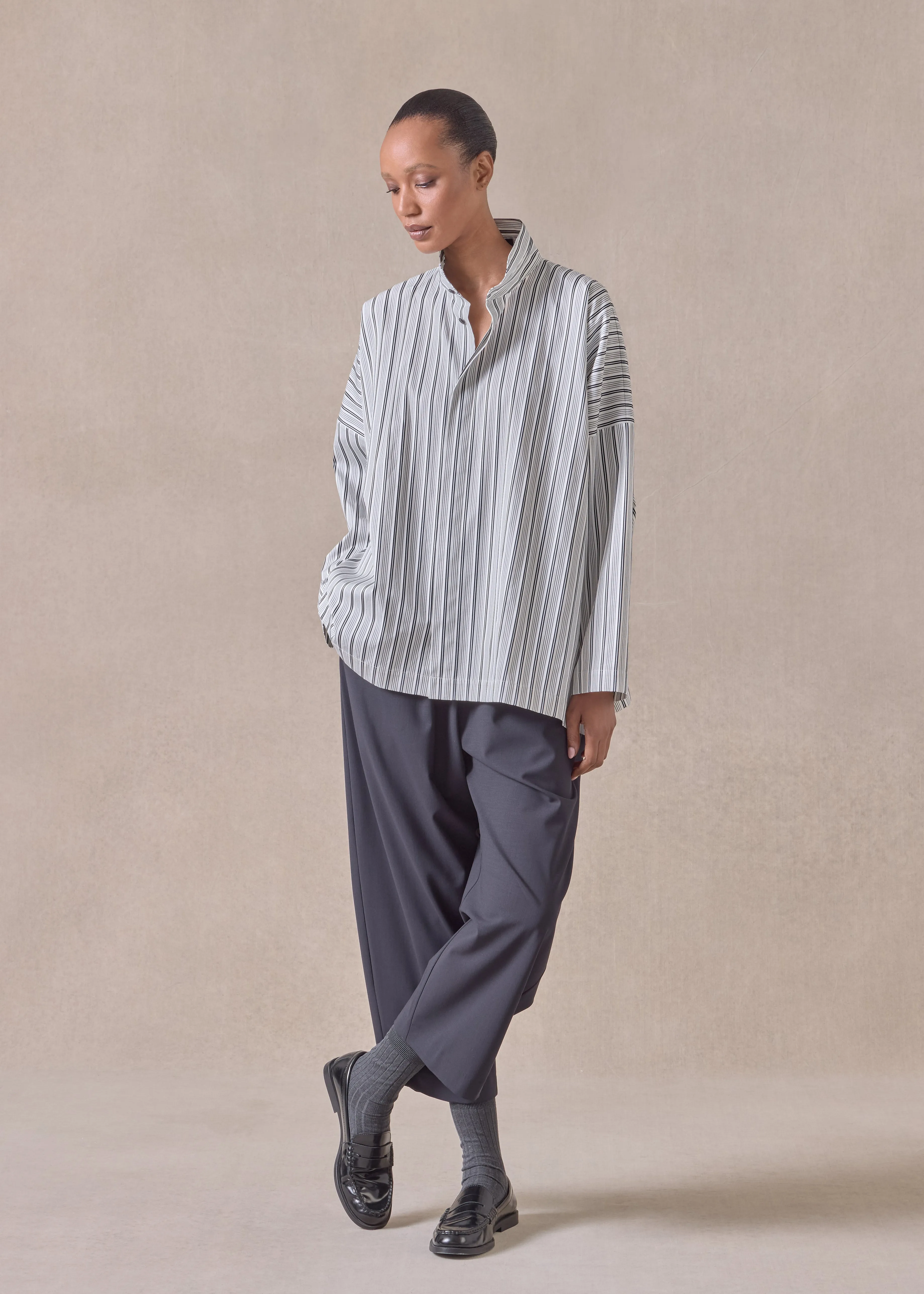 cotton wide longer back shirt with double stand collar - mid plus (inkwell) sold by eskandar