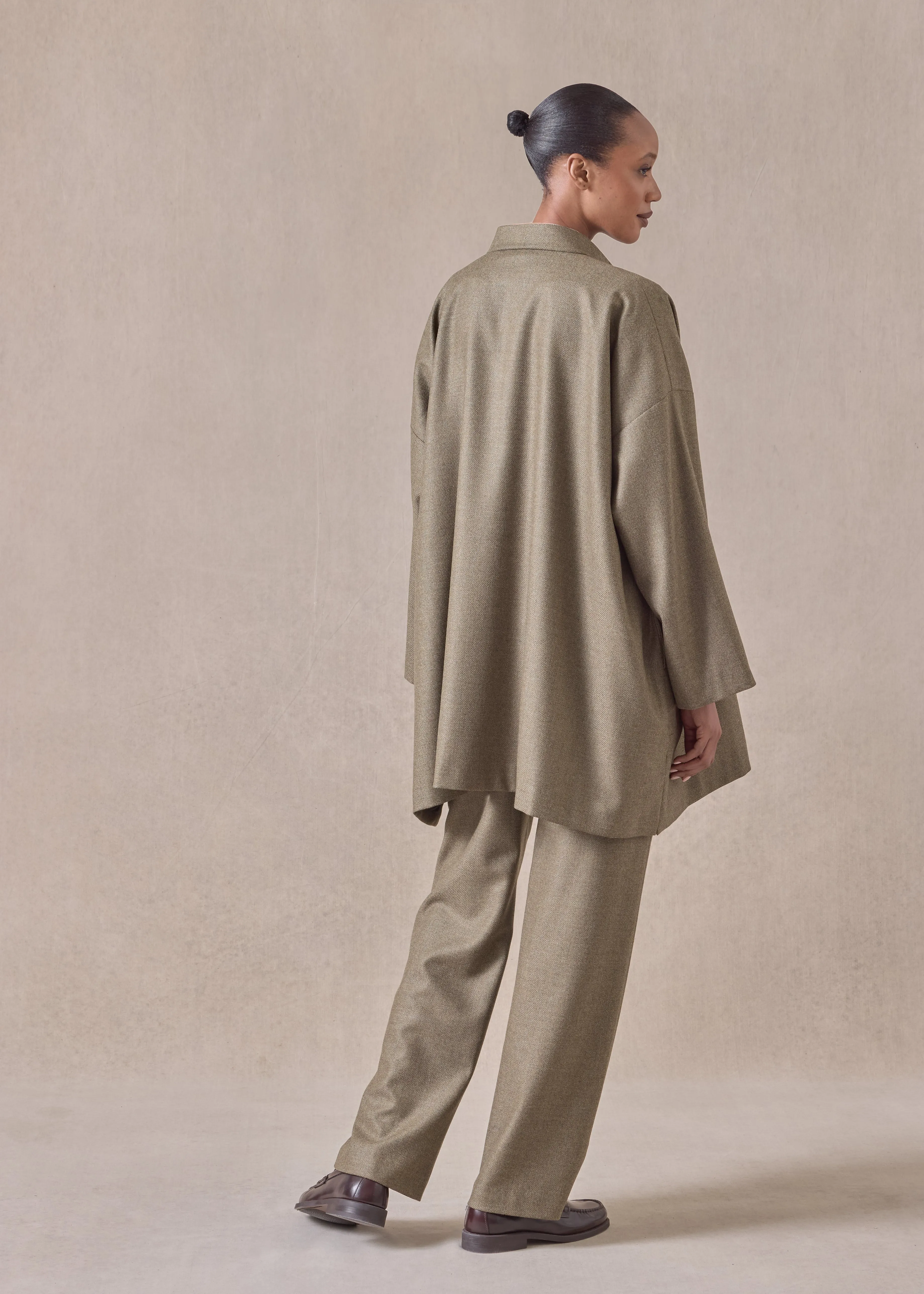 wool silk wide a-line mandarin jacket - long plus (olive) sold by eskandar product image thumbnail 4