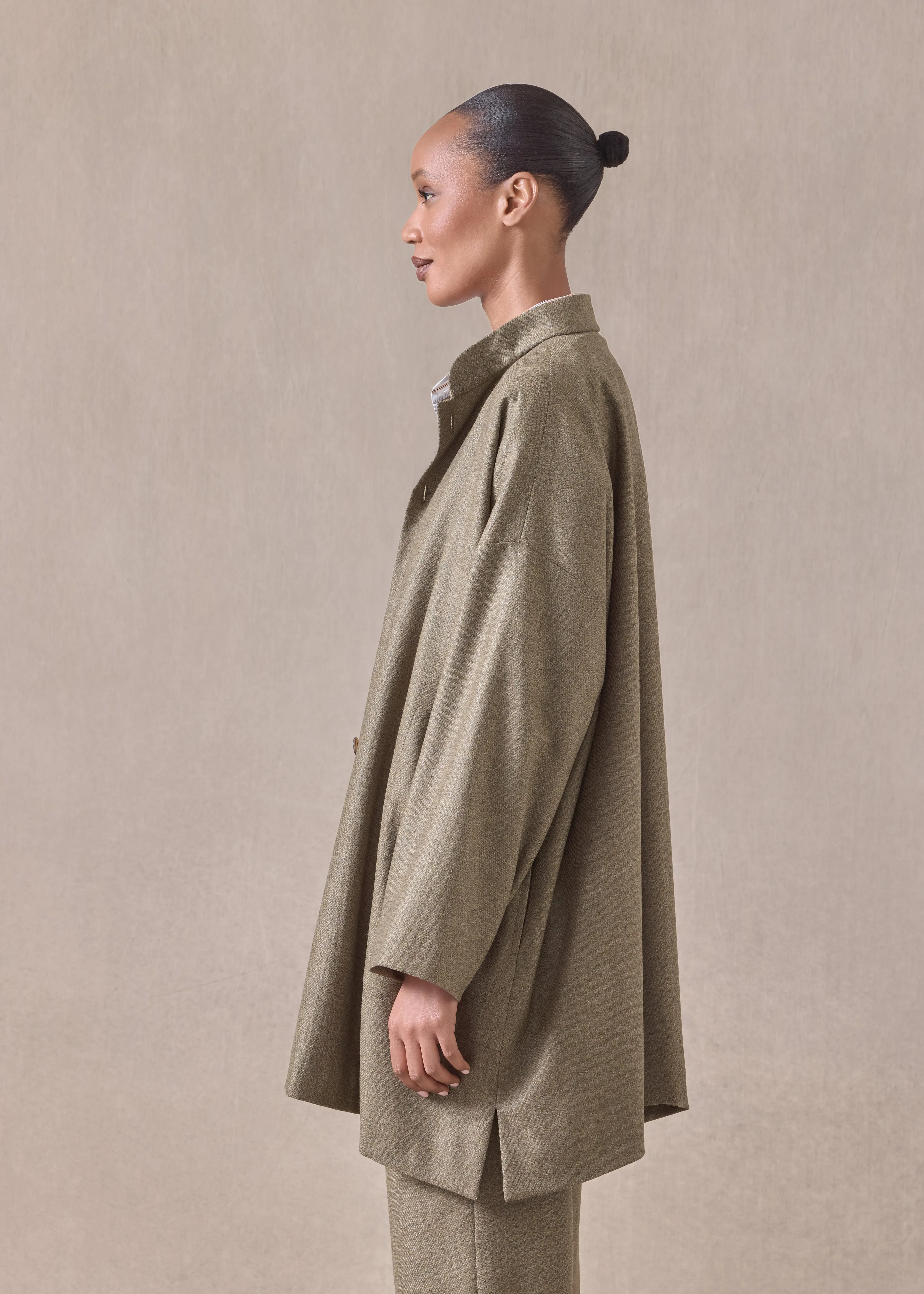 wool silk wide a-line mandarin jacket - long plus (olive) sold by eskandar product image thumbnail 3