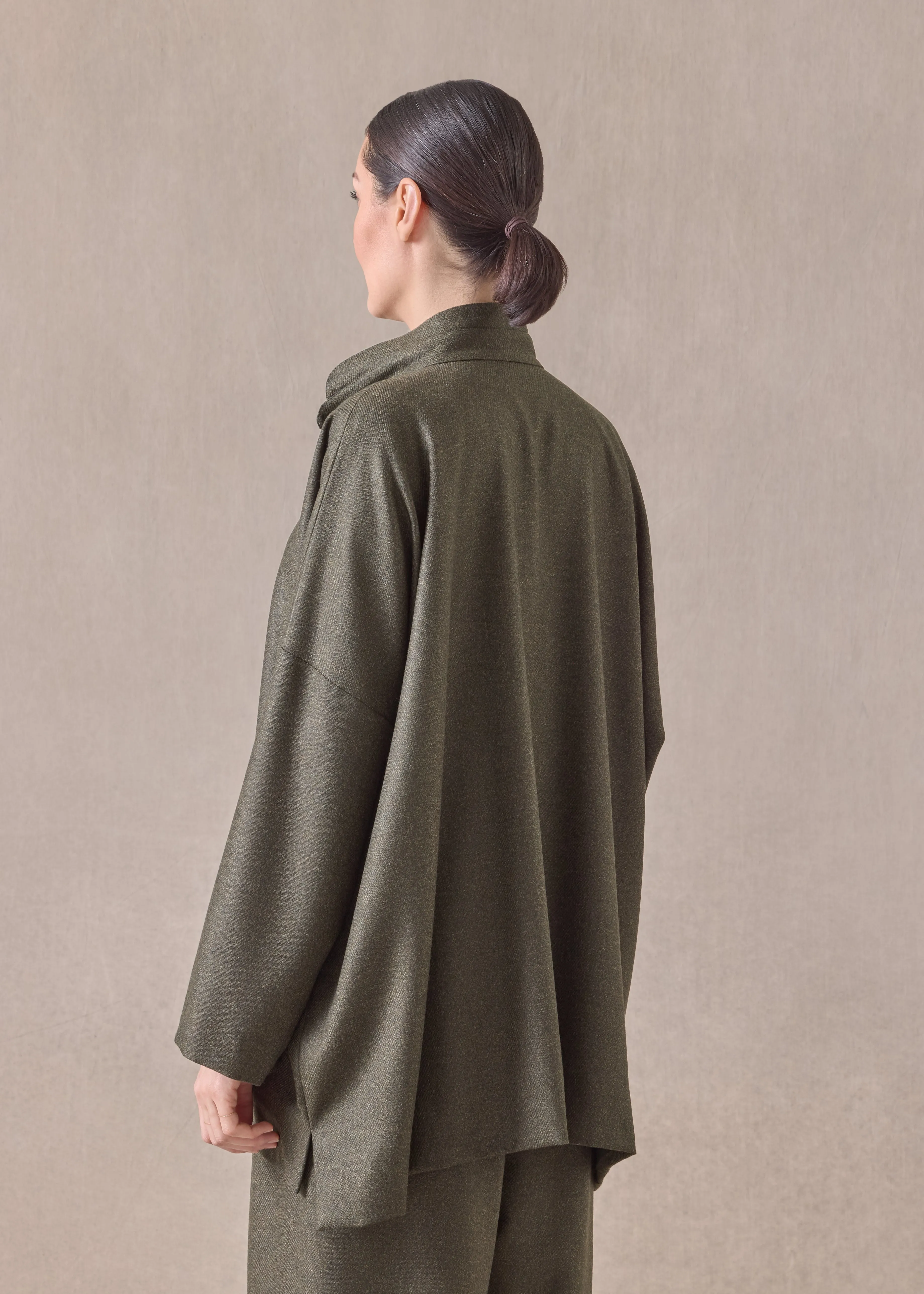 wool silk wide longer back double stand collar jacket - long (greenbronze) sold by eskandar product image thumbnail 4