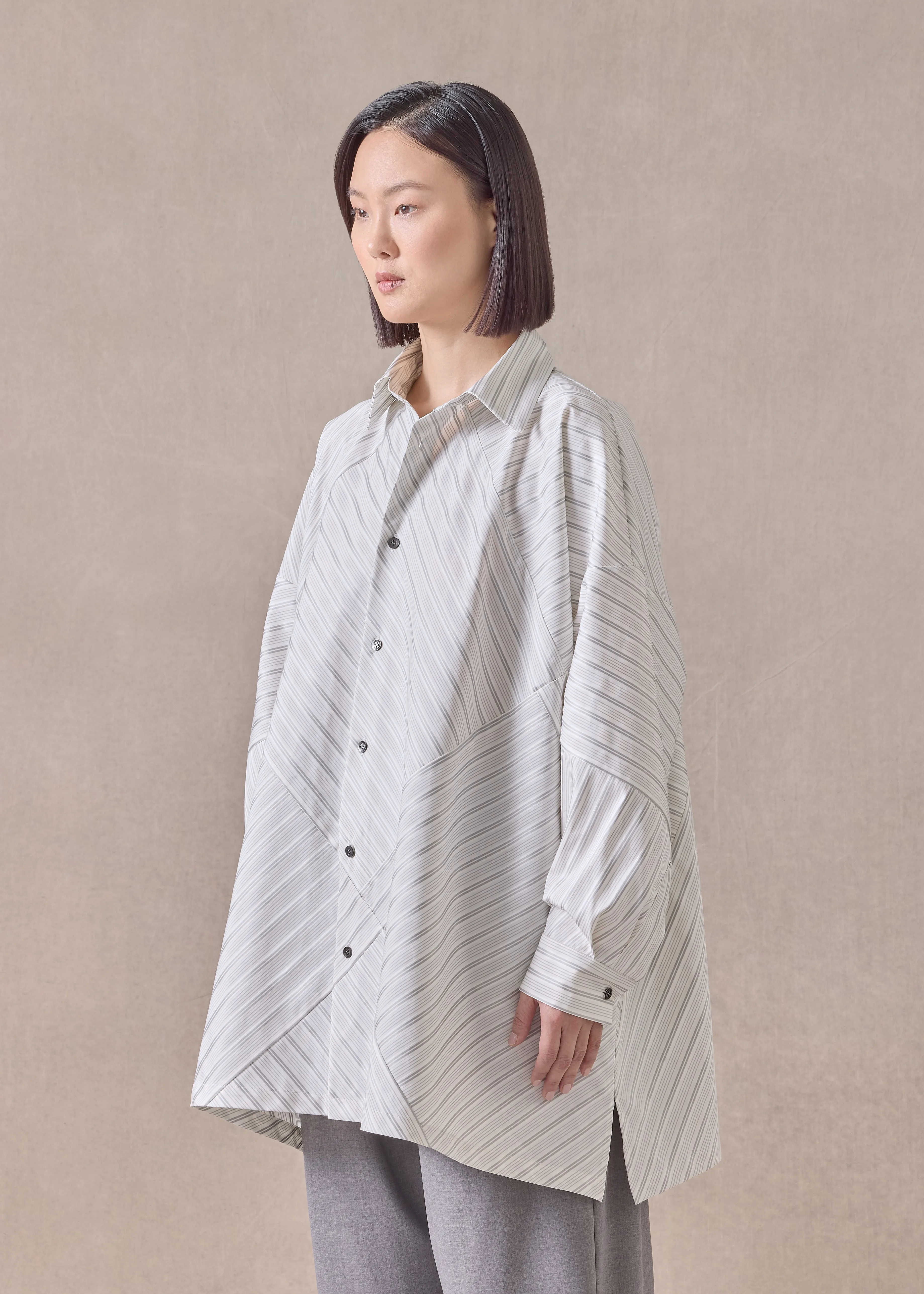 cotton wide a-line shirt with collar - long (patchwork) (silvergrey) sold by eskandar product image thumbnail 2