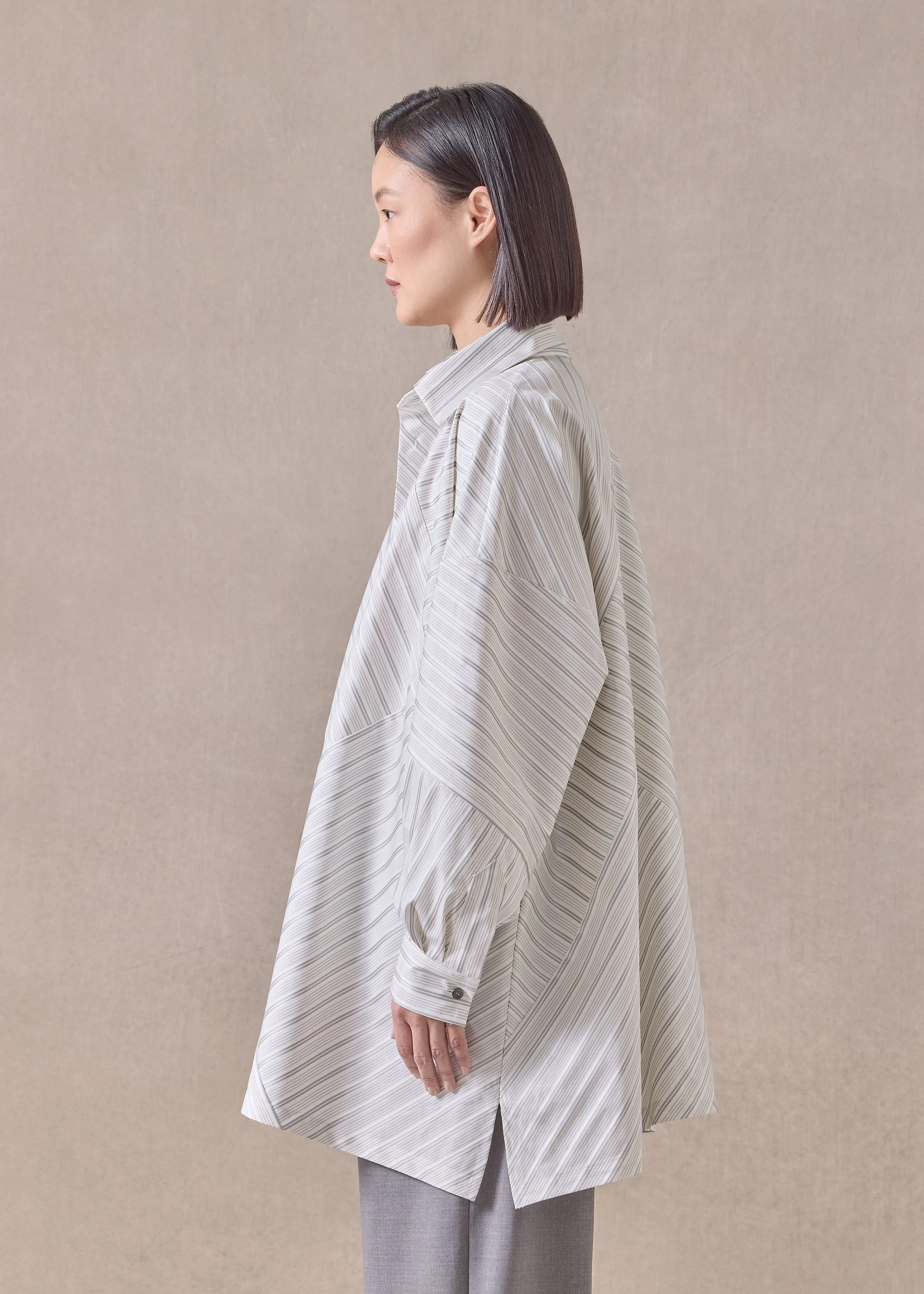 cotton wide a-line shirt with collar - long (patchwork) (silvergrey) sold by eskandar product image thumbnail 3