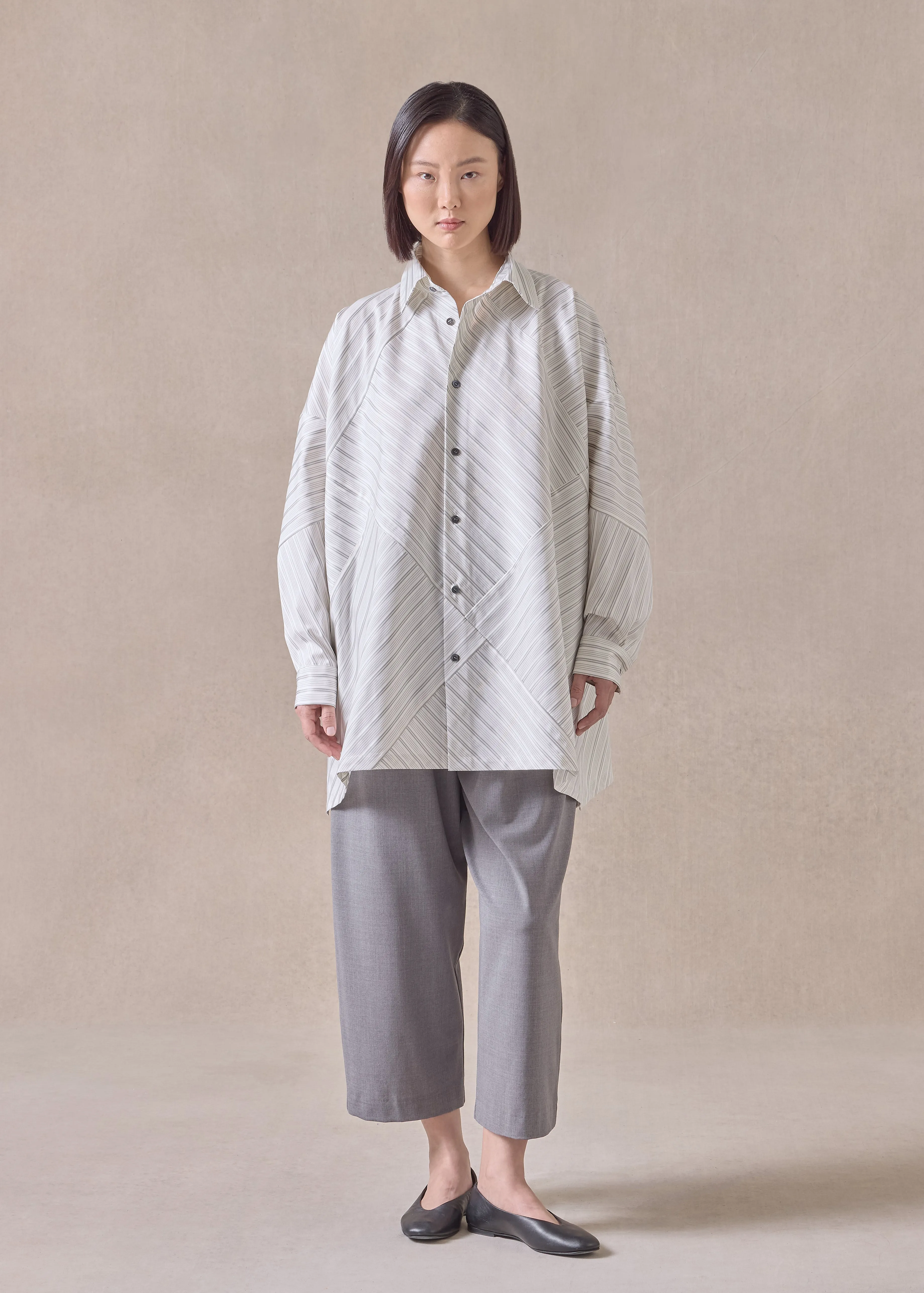 cotton wide a-line shirt with collar - long (patchwork) (silvergrey) sold by eskandar