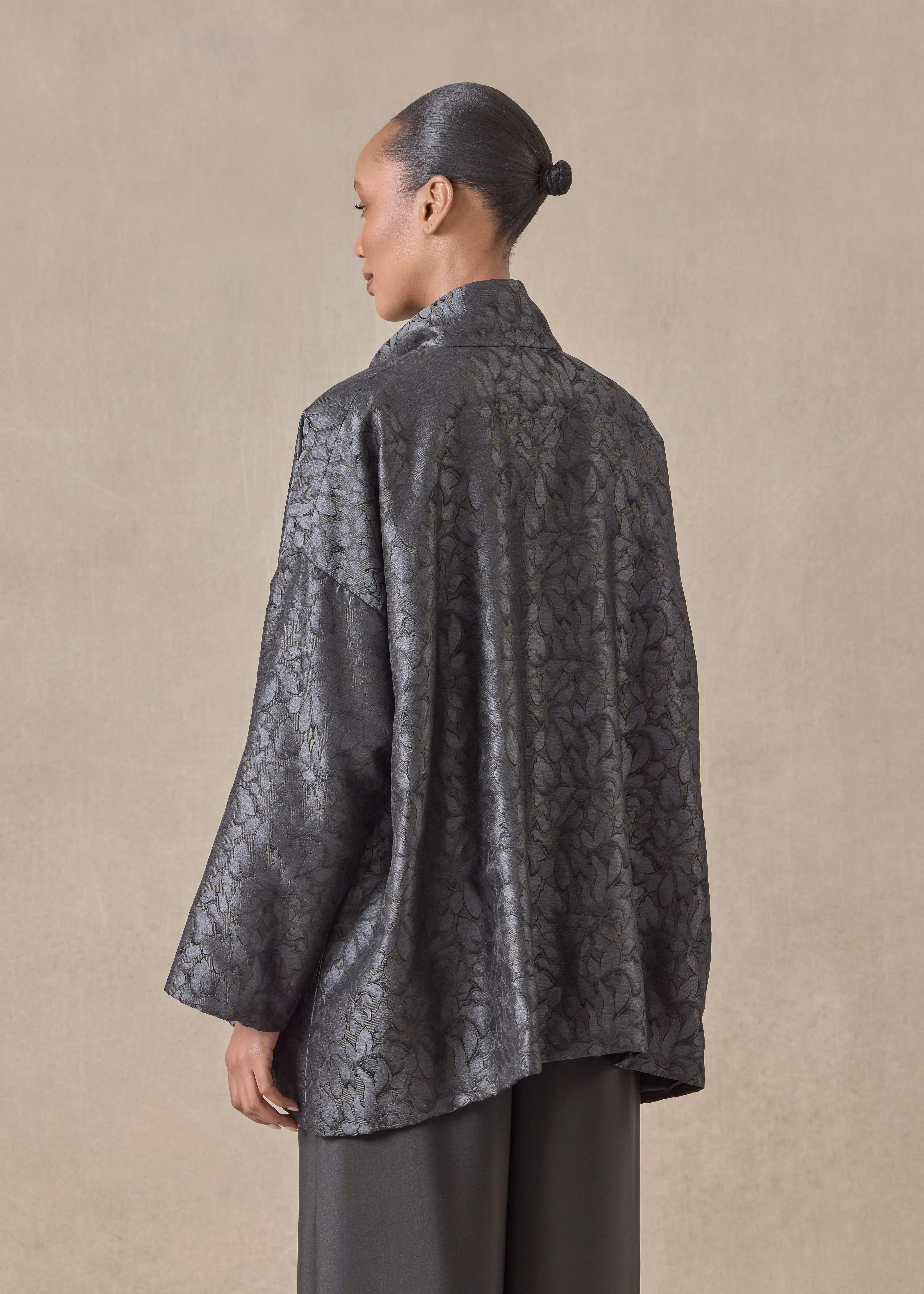 silk wide a-line jacket with chinese collar - long (olive) sold by eskandar product image thumbnail 4