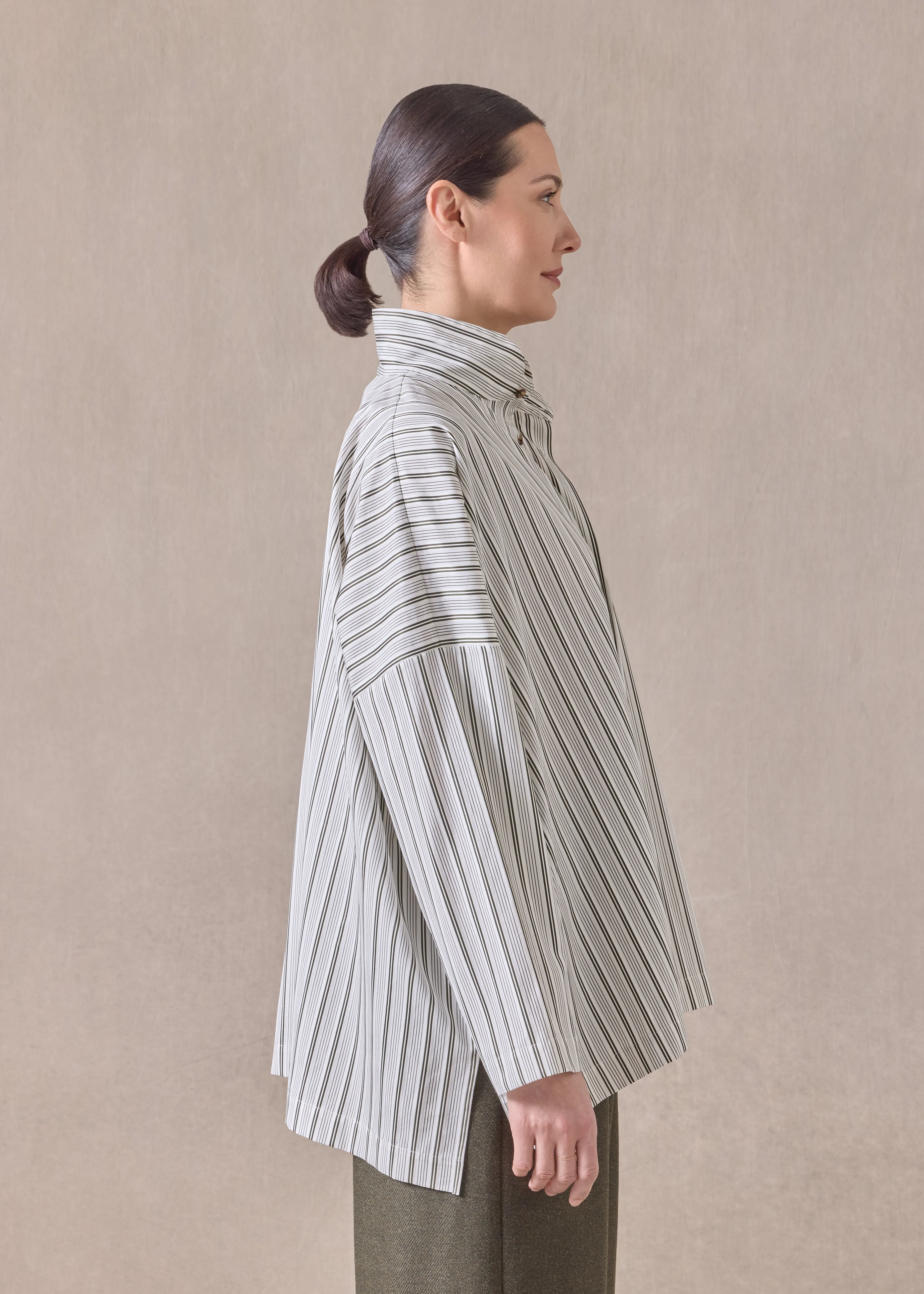 cotton wide longer back shirt with double stand collar - mid plus (greenbronze) sold by eskandar product image thumbnail 3