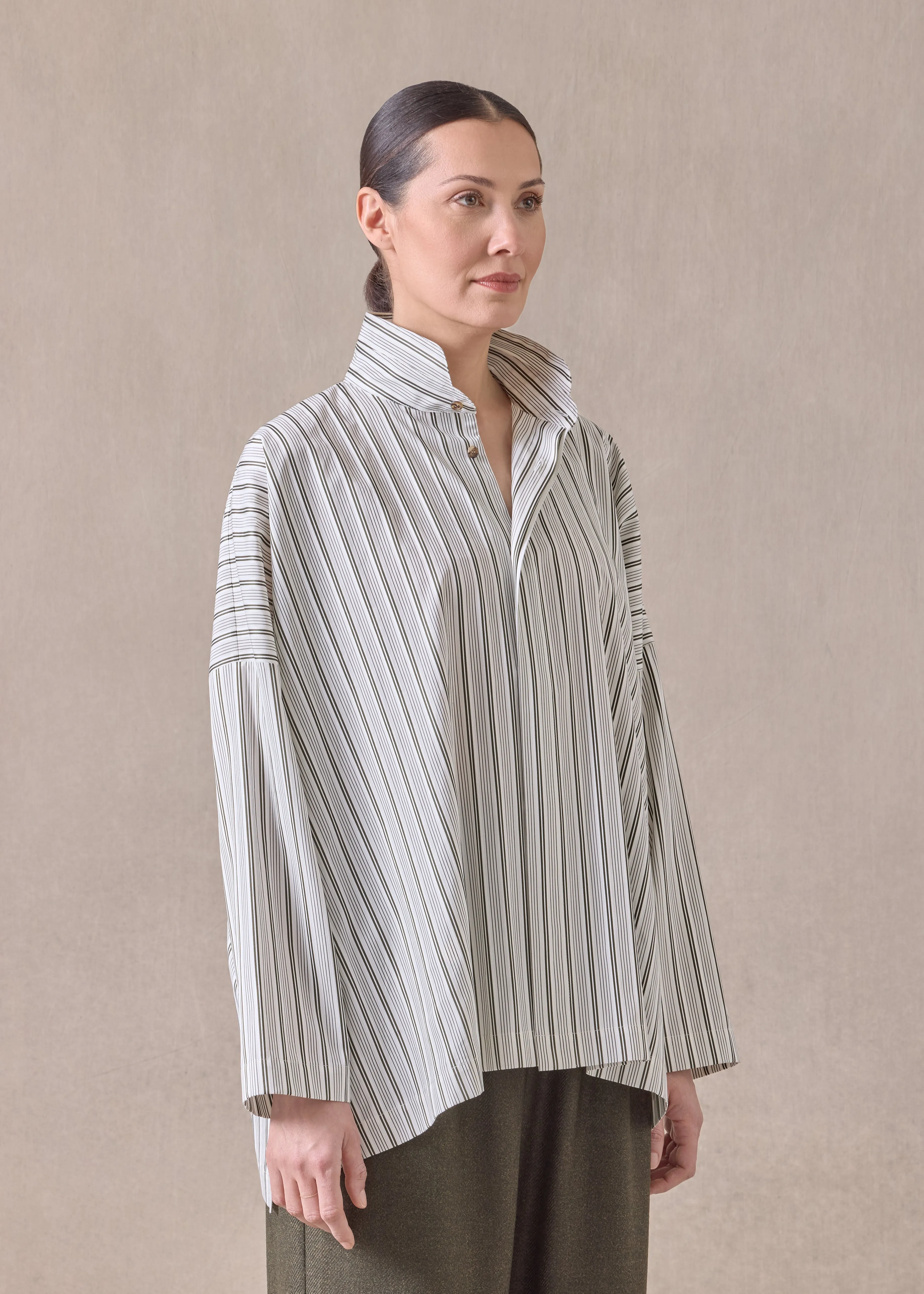 cotton wide longer back shirt with double stand collar - mid plus (greenbronze) sold by eskandar product image thumbnail 2