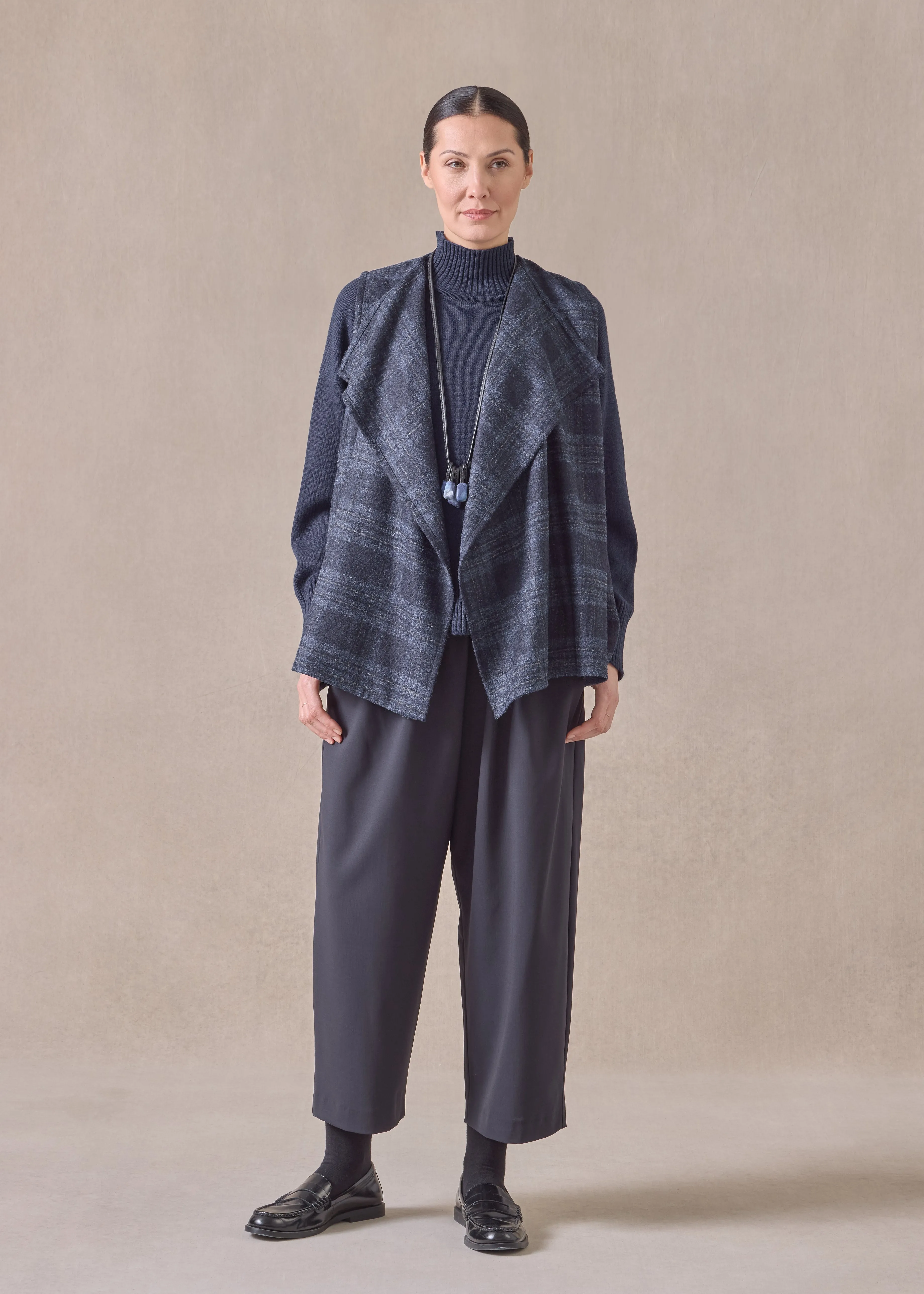 alpaca wool mix a-line drape front waistcoat - mid plus (navy) sold by eskandar