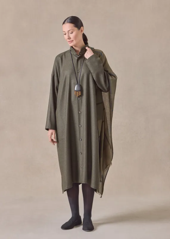 wool silk wide a-line shirt dress with double stand collar (greenbronze) made by eskandar