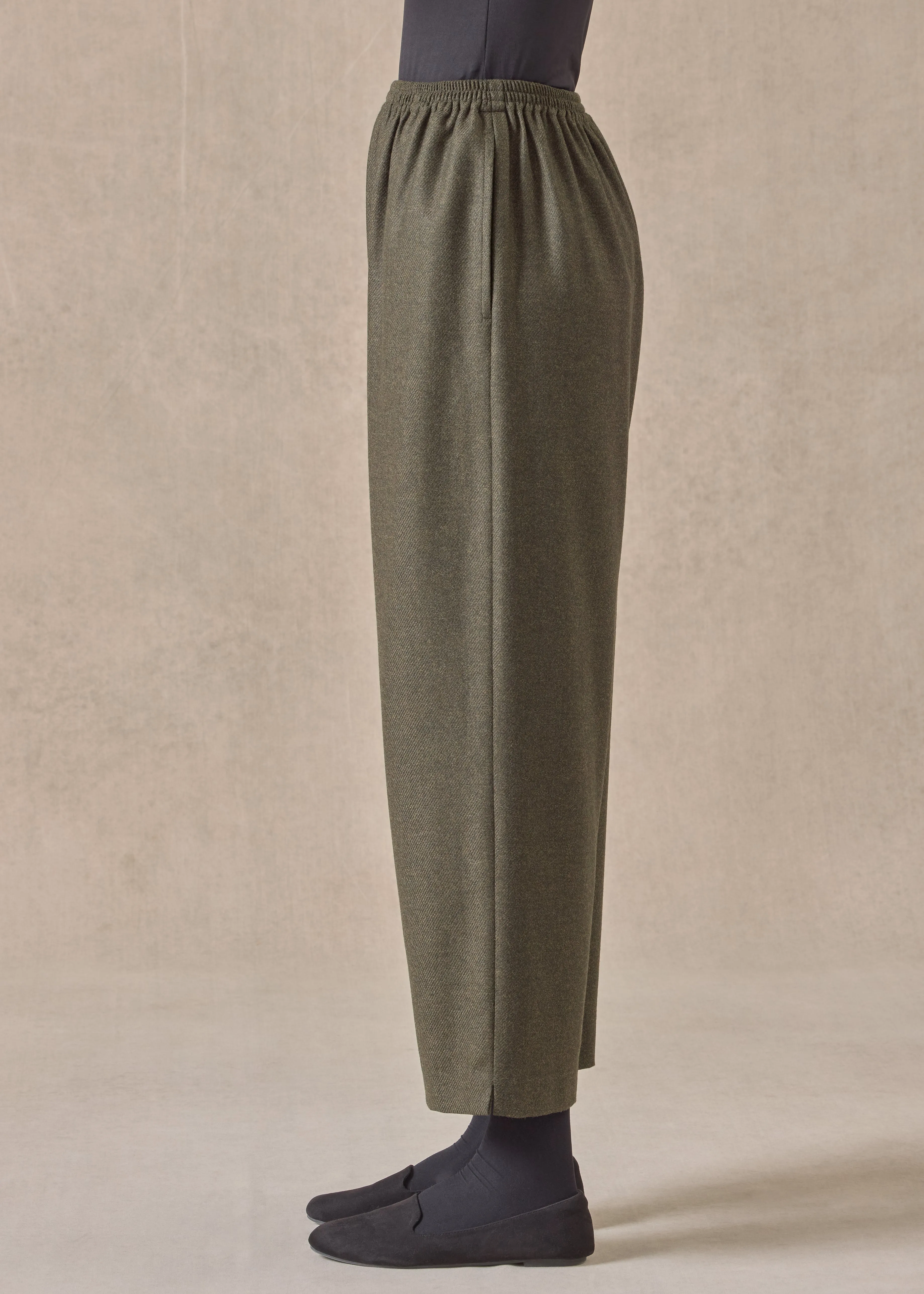 wool silk longer japanese trouser with ankle slits (greenbronze) sold by eskandar product image thumbnail 3