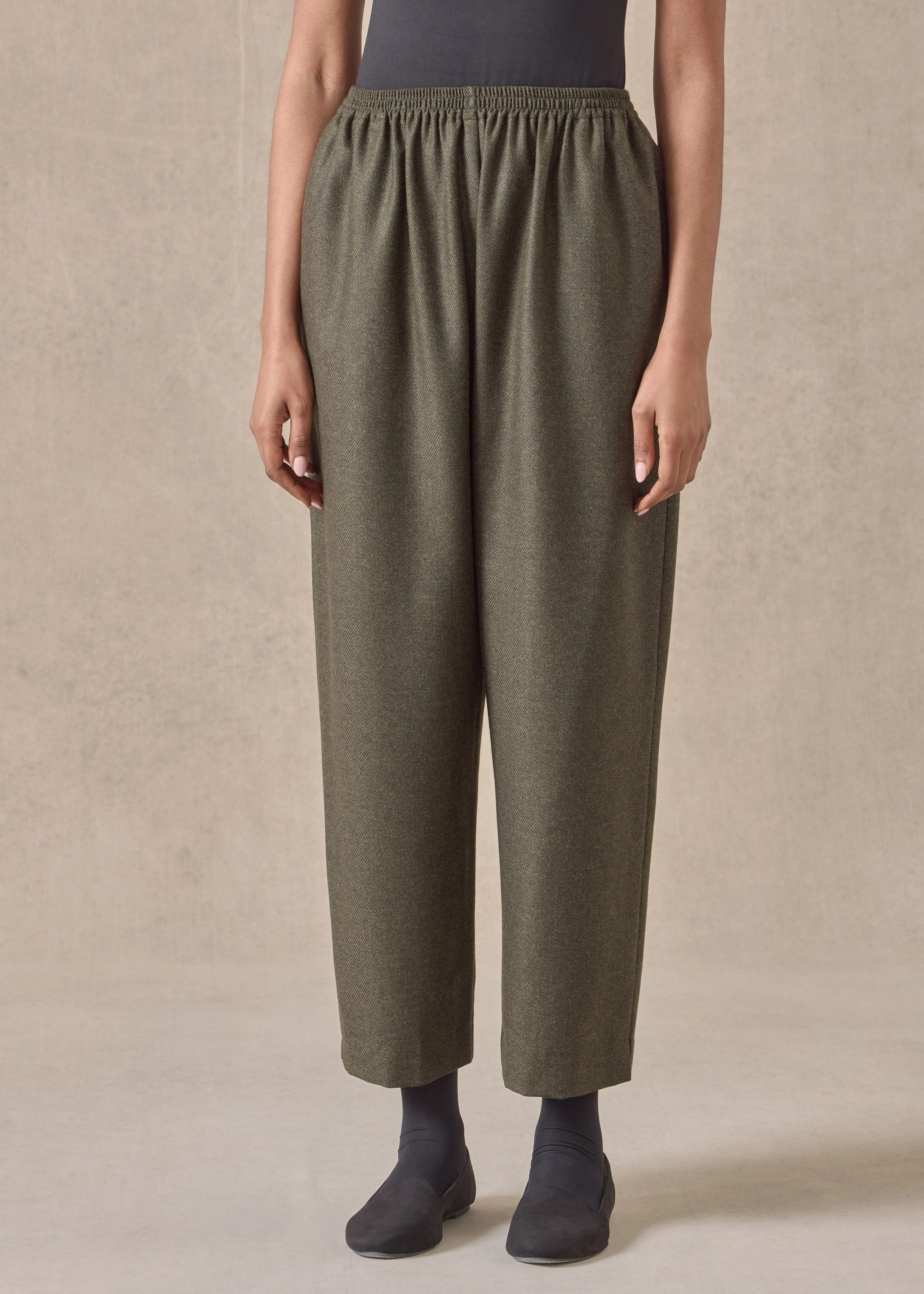 wool silk longer japanese trouser with ankle slits (greenbronze) sold by eskandar product image thumbnail 2