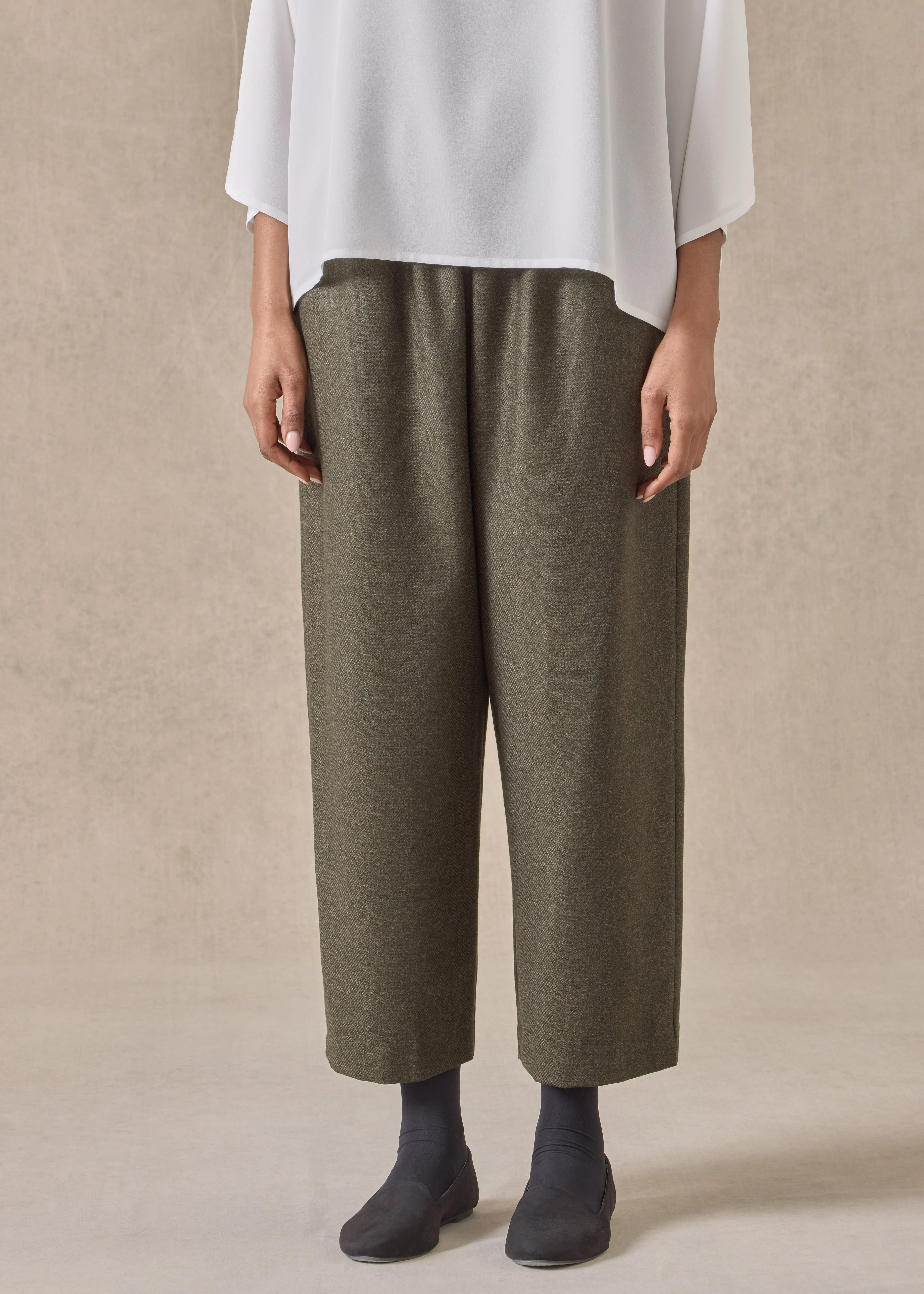 wool silk longer japanese trouser with ankle slits (greenbronze) sold by eskandar