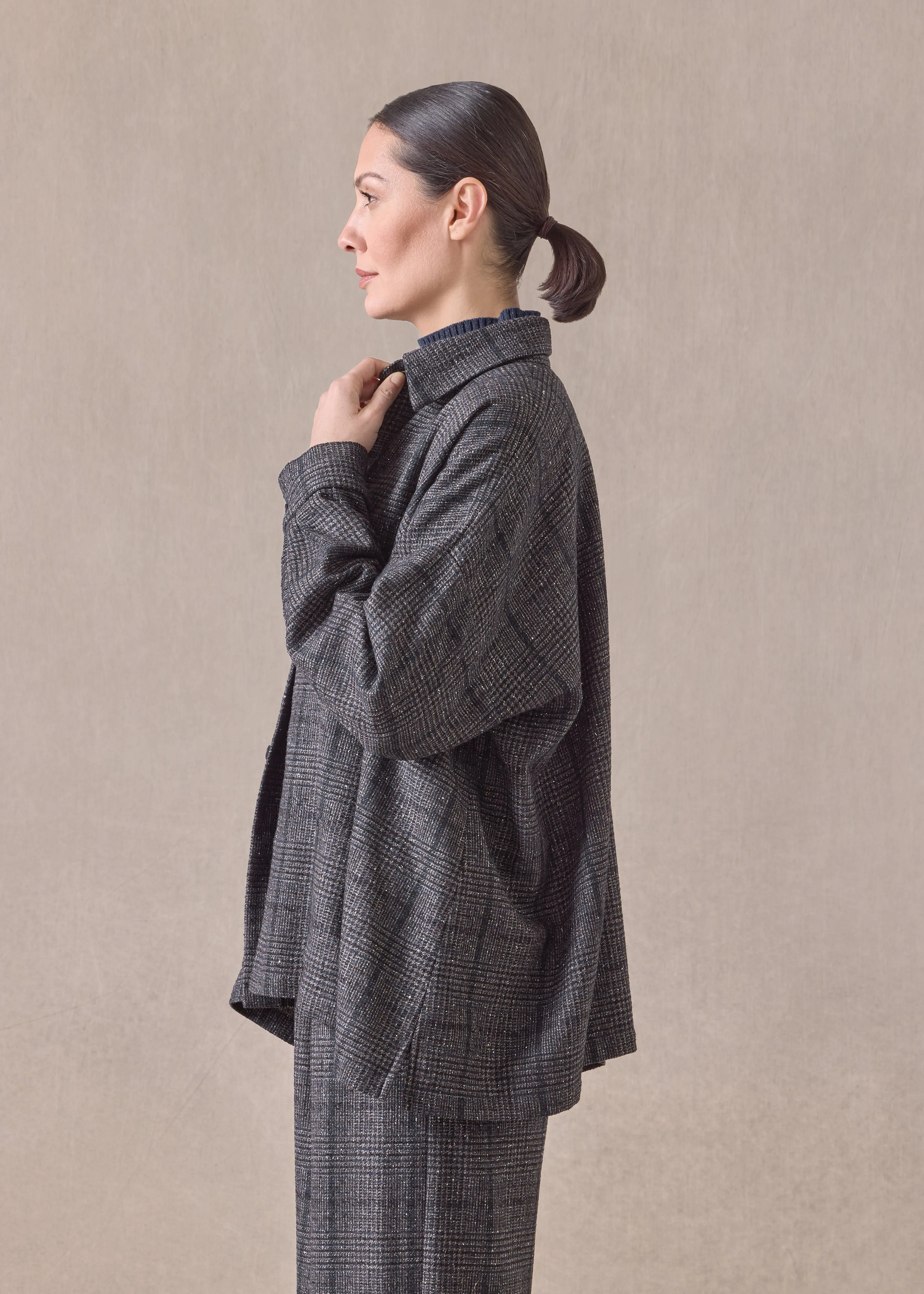 cashmere silk wool mix wide a-line shirt jacket with collar - mid plus (brownink) sold by eskandar product image thumbnail 3