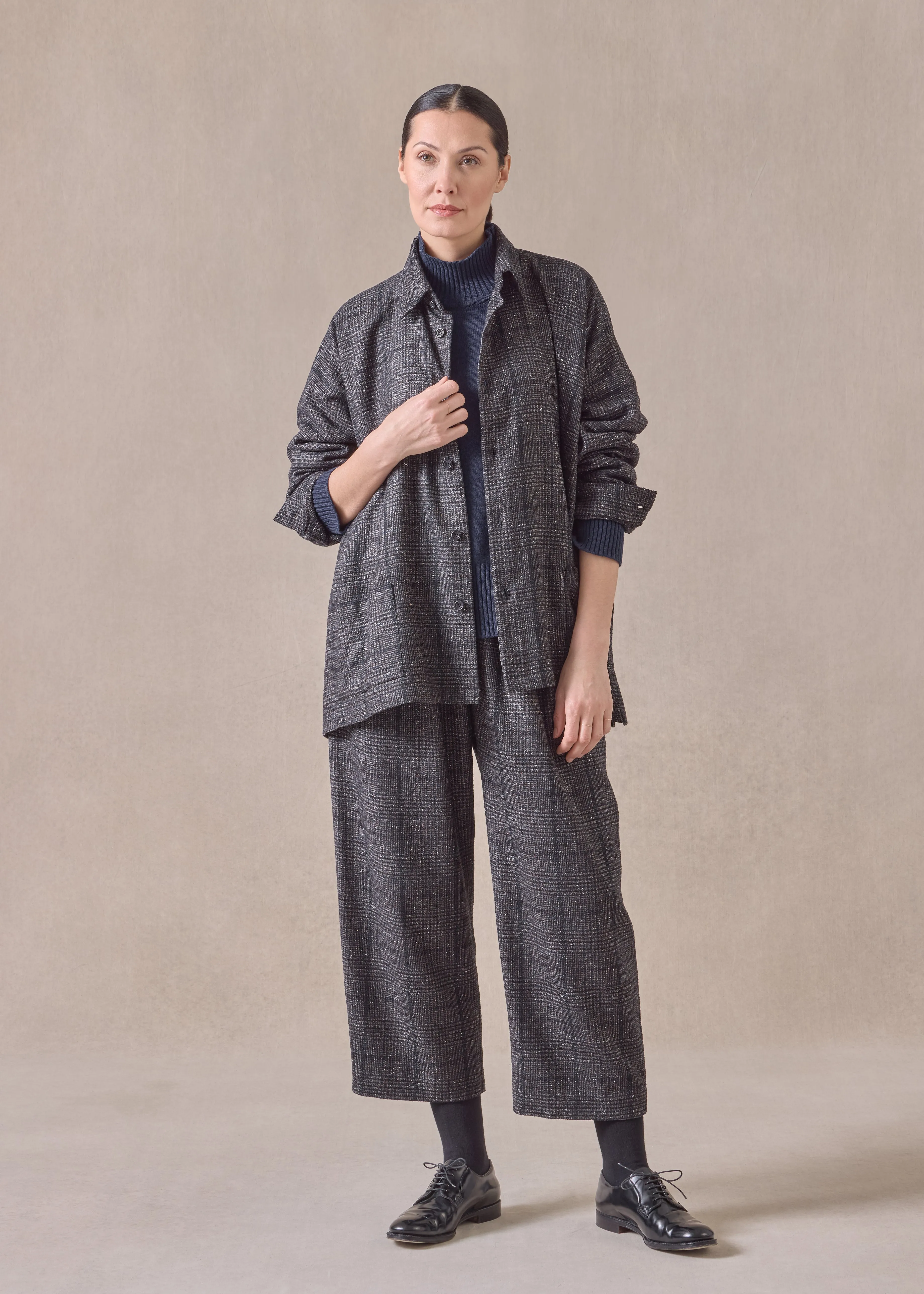 cashmere silk wool mix wide a-line shirt jacket with collar - mid plus (brownink) sold by eskandar