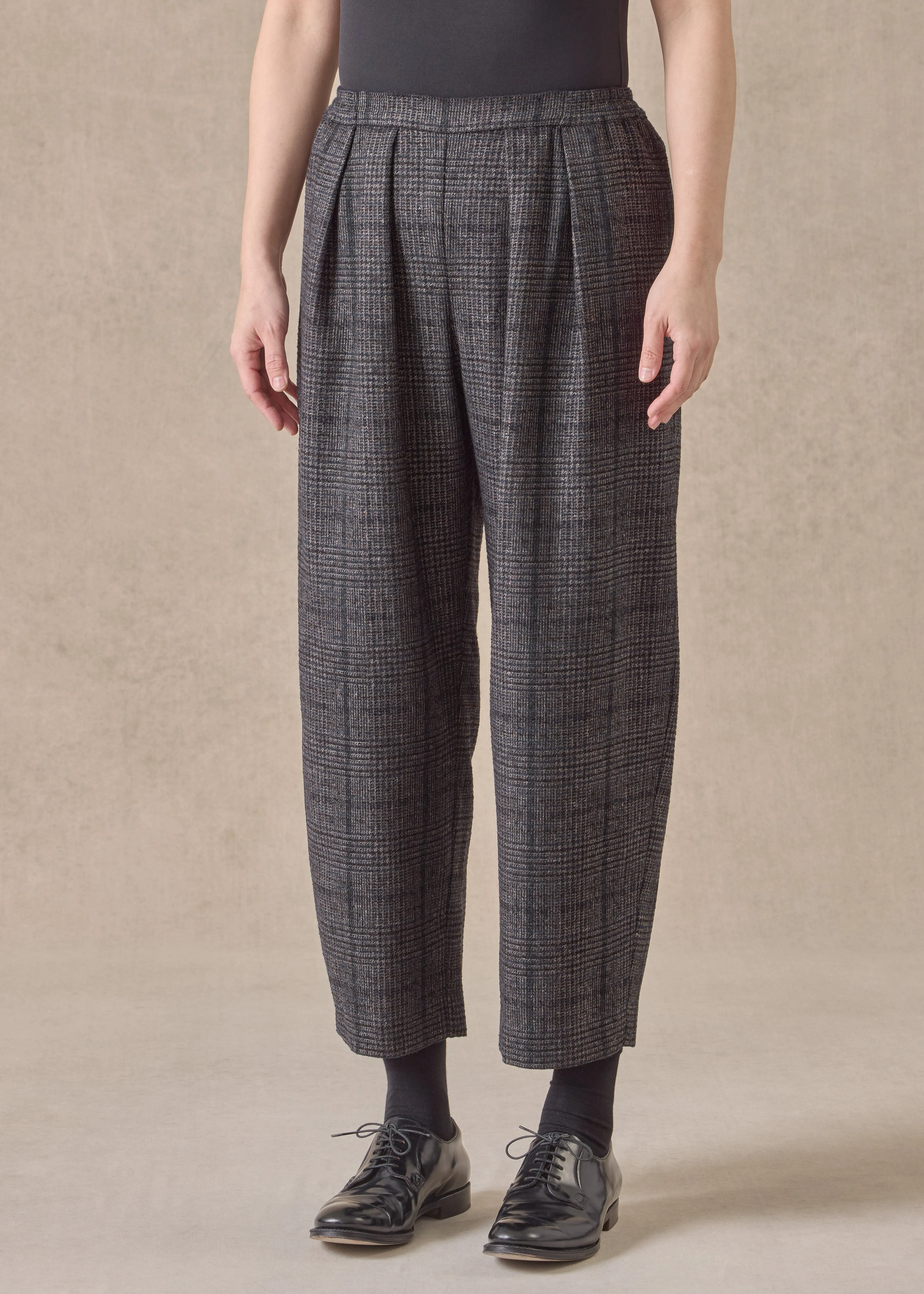 cashmere silk wool mix cropped flat front pleated trouser (brownink) sold by eskandar
