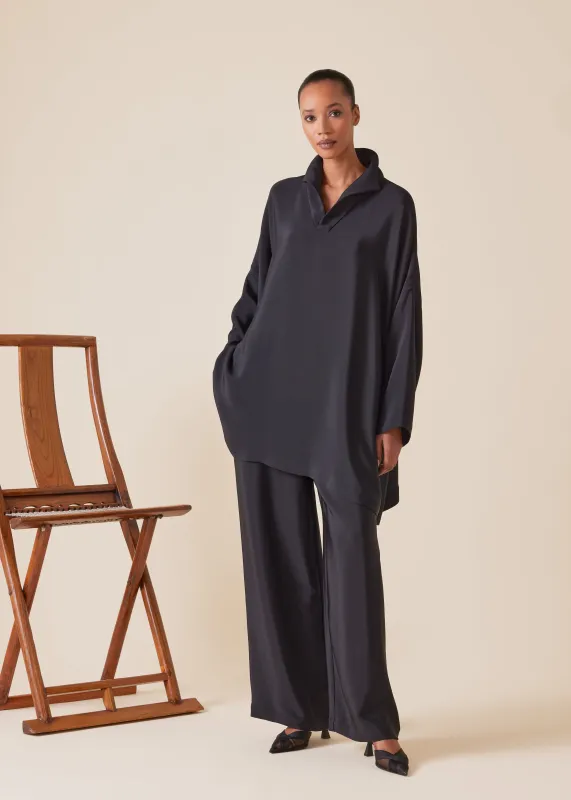 silk imperial tunic with open stand collar - long plus sold by eskandar