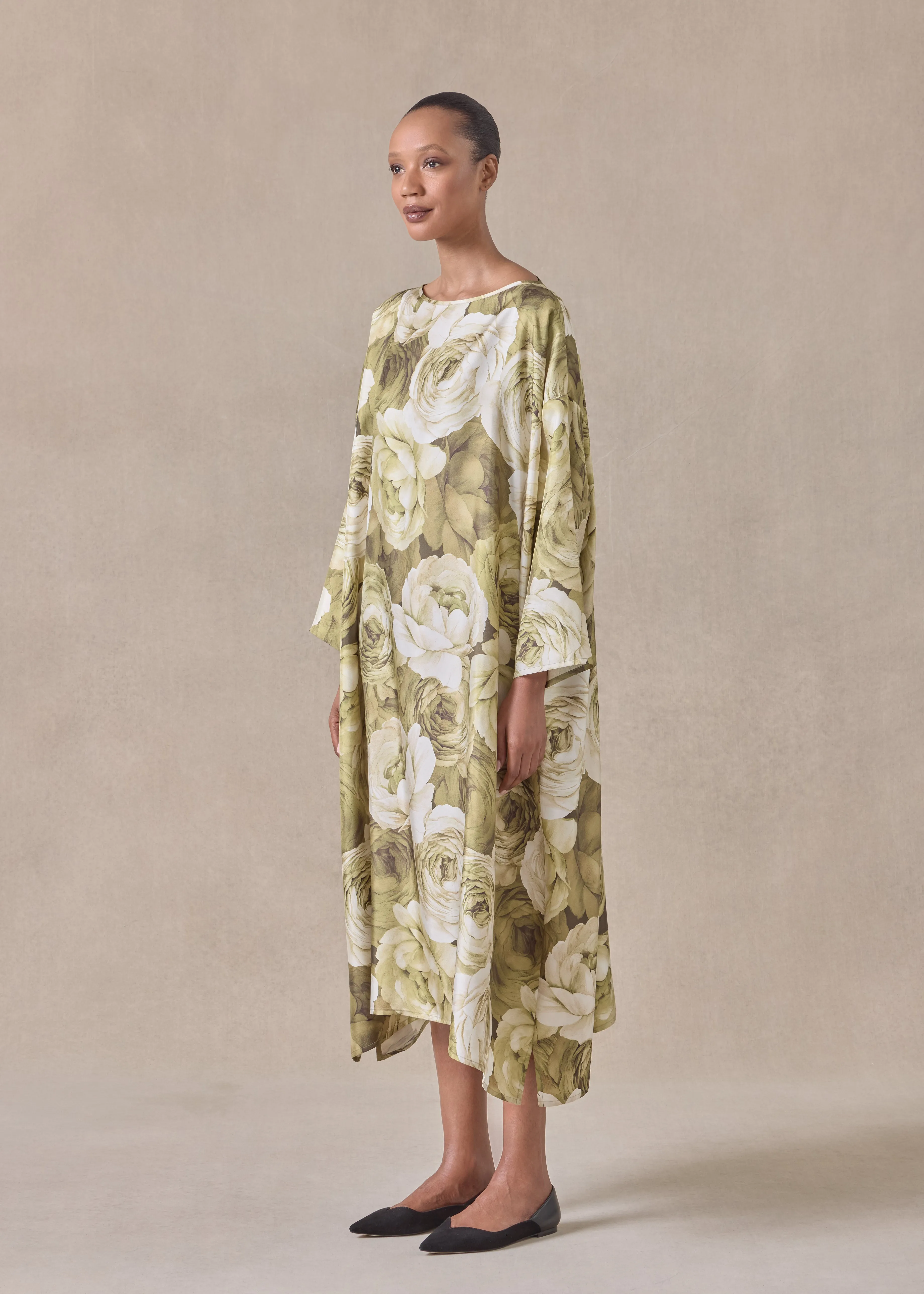 silk wide a-line scoop neck dress (olive) sold by eskandar product image thumbnail 2