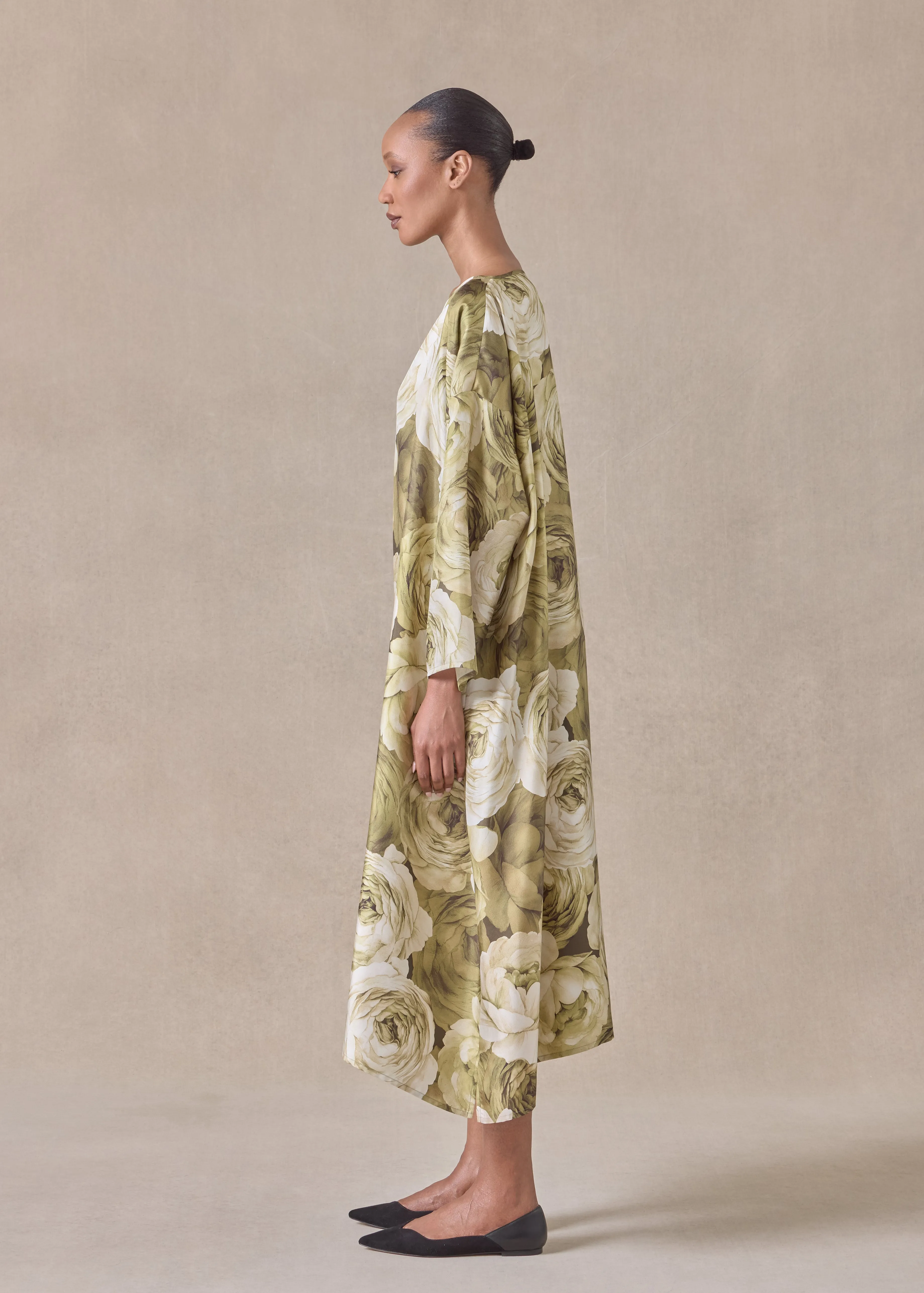 silk wide a-line scoop neck dress (olive) sold by eskandar product image thumbnail 3