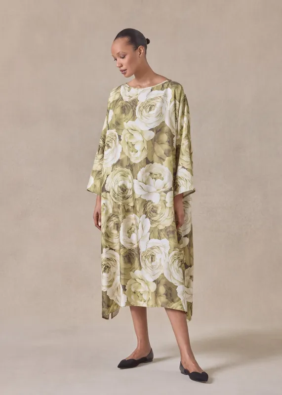 silk wide a-line scoop neck dress (olive) sold by eskandar