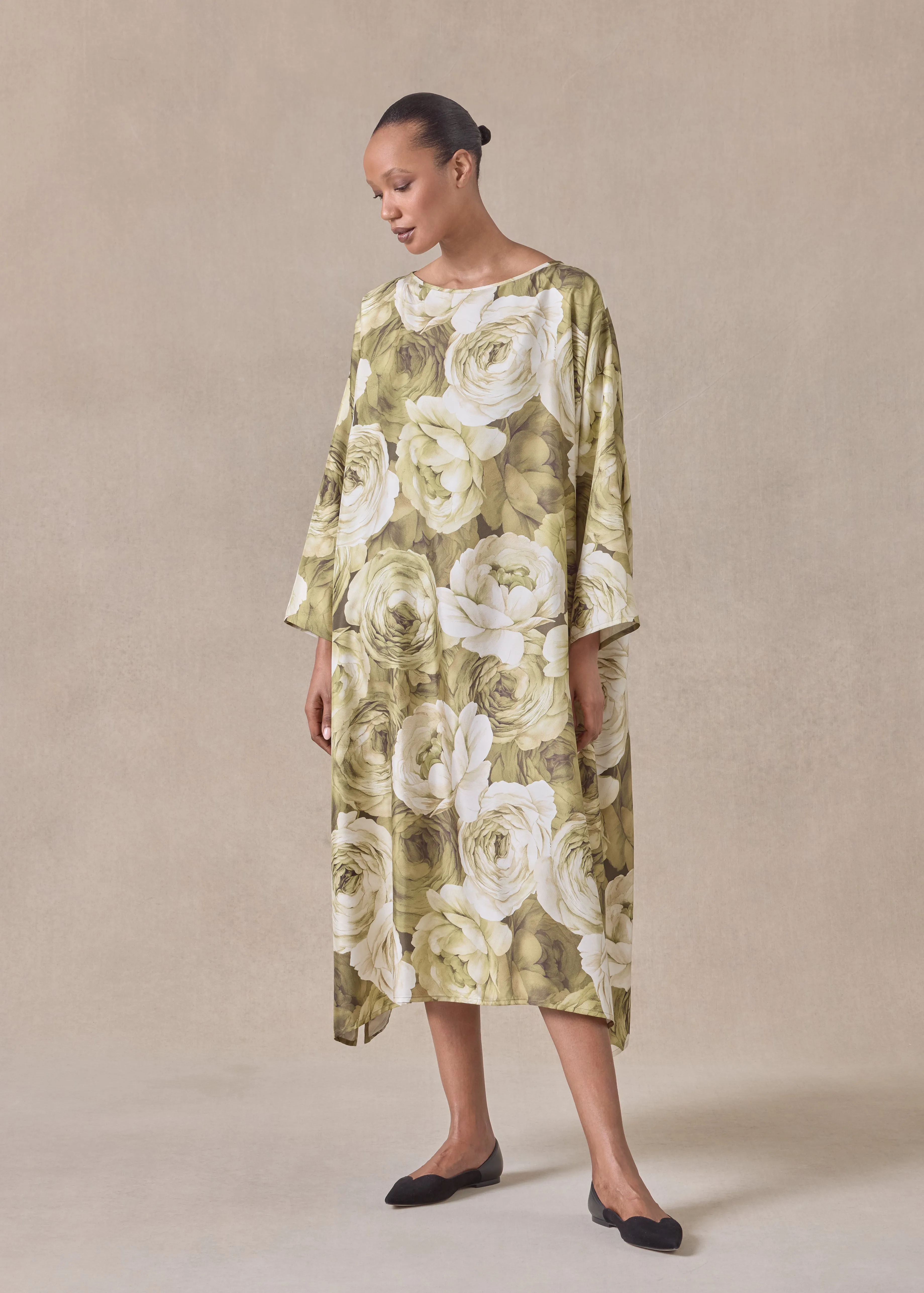 silk wide a-line scoop neck dress (olive) sold by eskandar