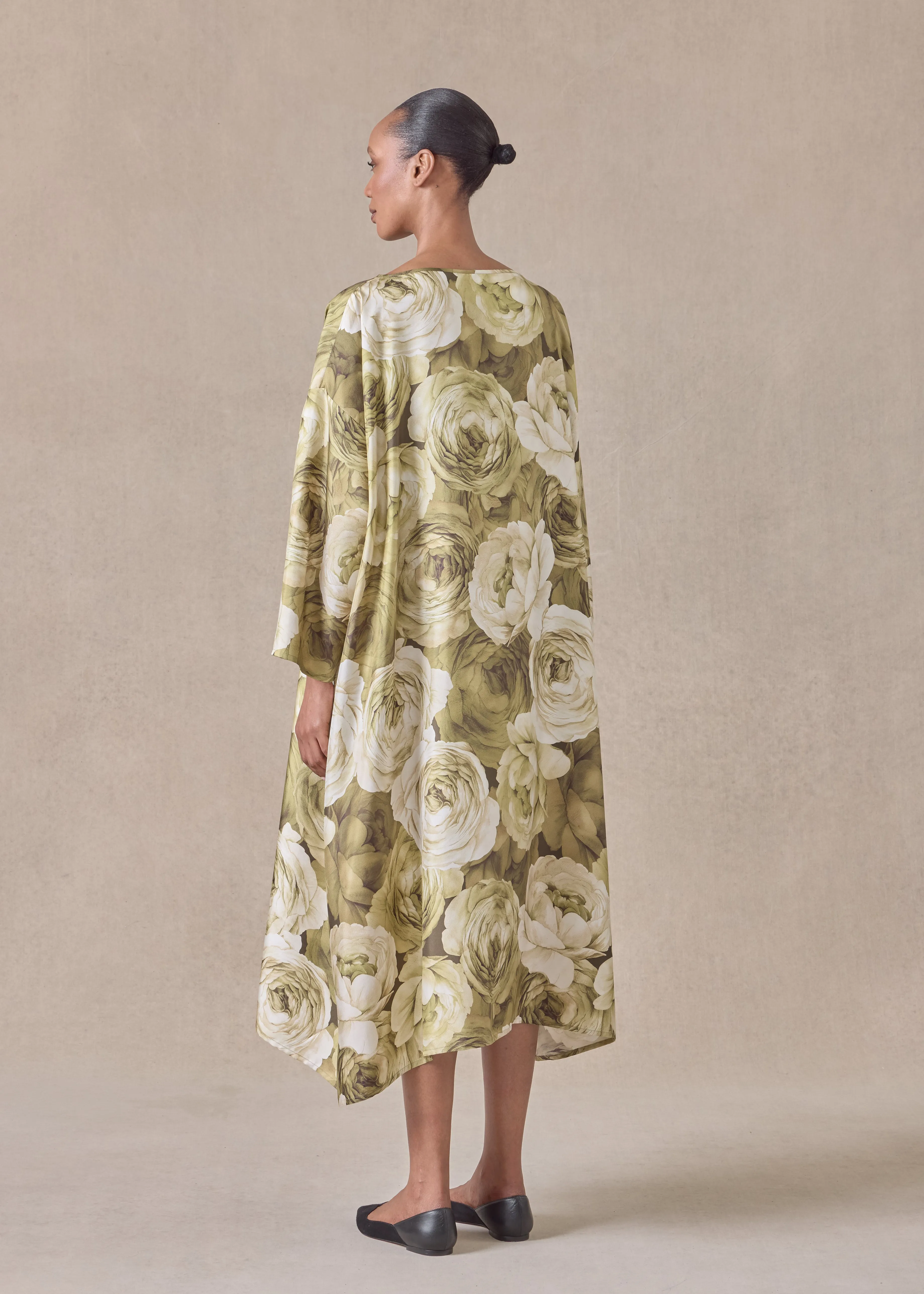 silk wide a-line scoop neck dress (olive) sold by eskandar product image thumbnail 4