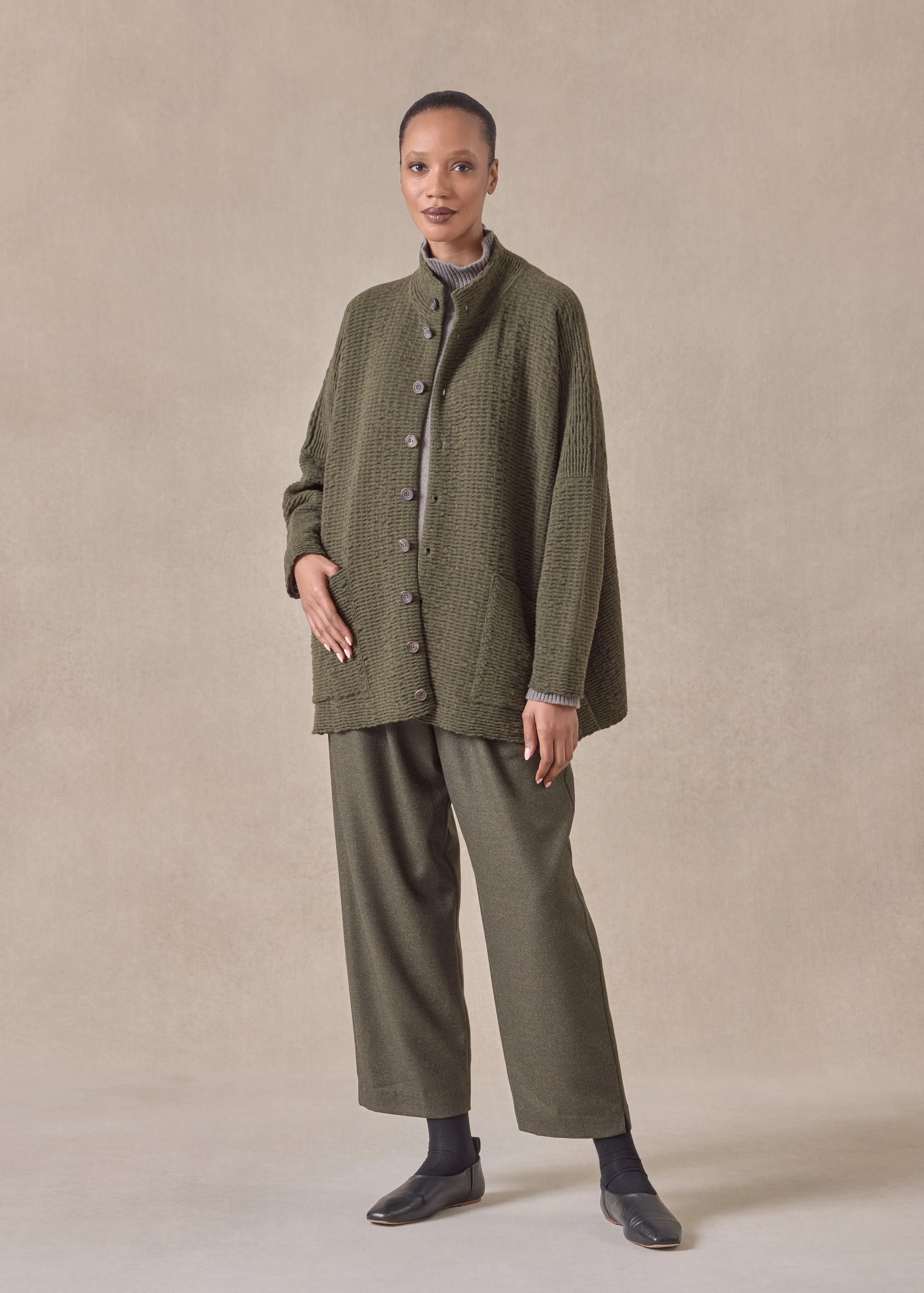 cashmere high neck button cardigan - long (mossbronze) sold by eskandar