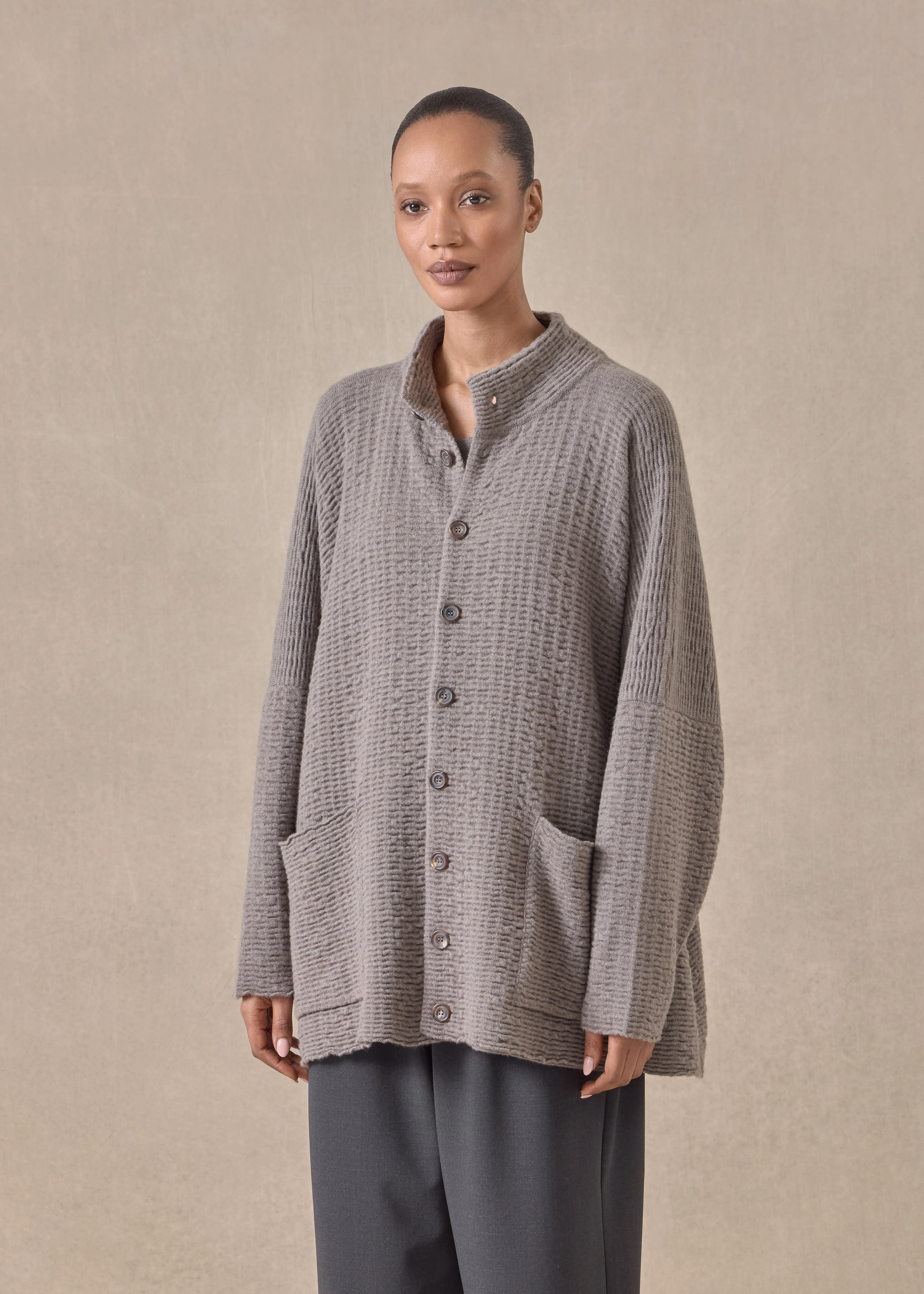 cashmere high neck button cardigan - long (bison) sold by eskandar product image thumbnail 2