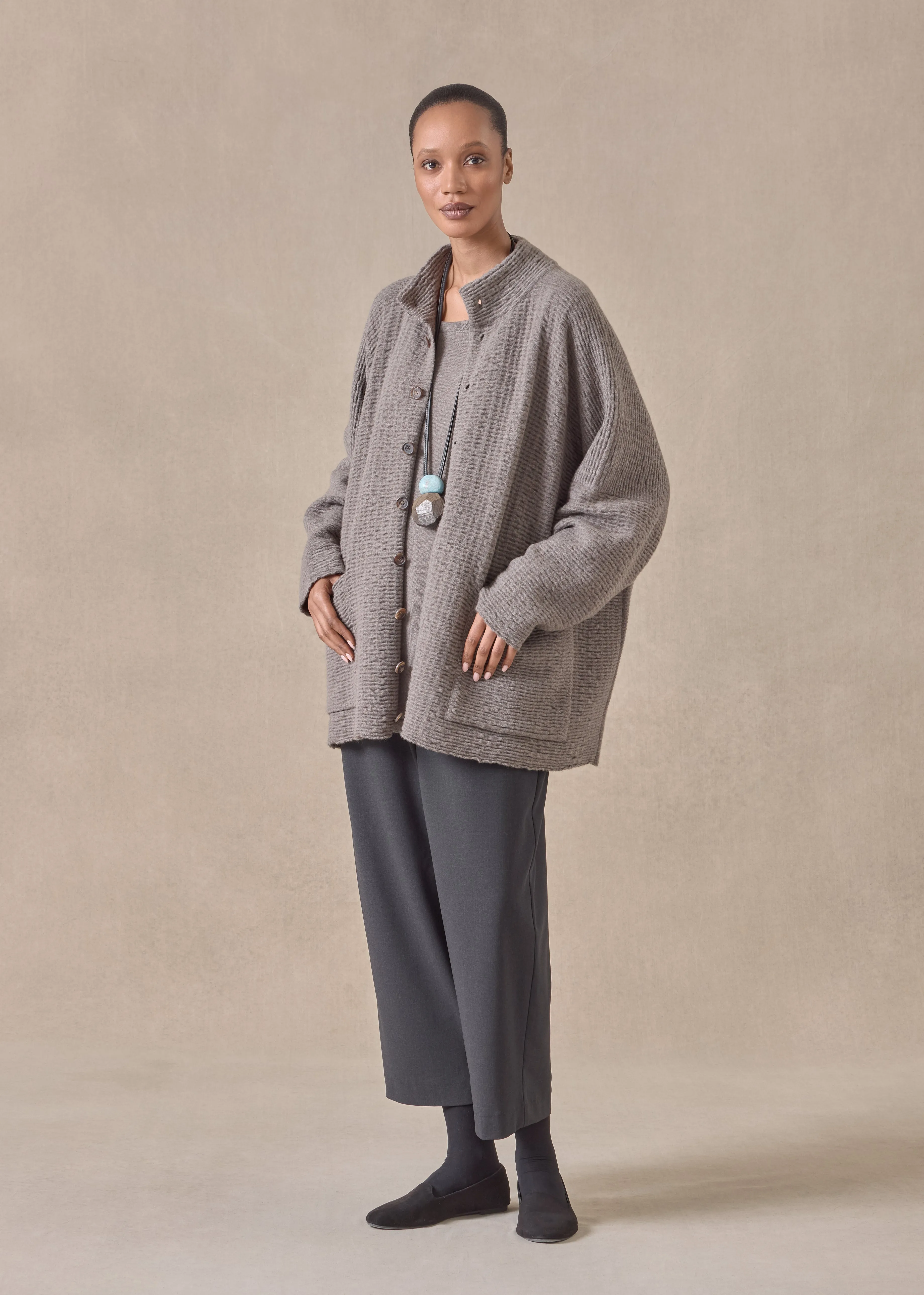 cashmere high neck button cardigan - long (bison) sold by eskandar