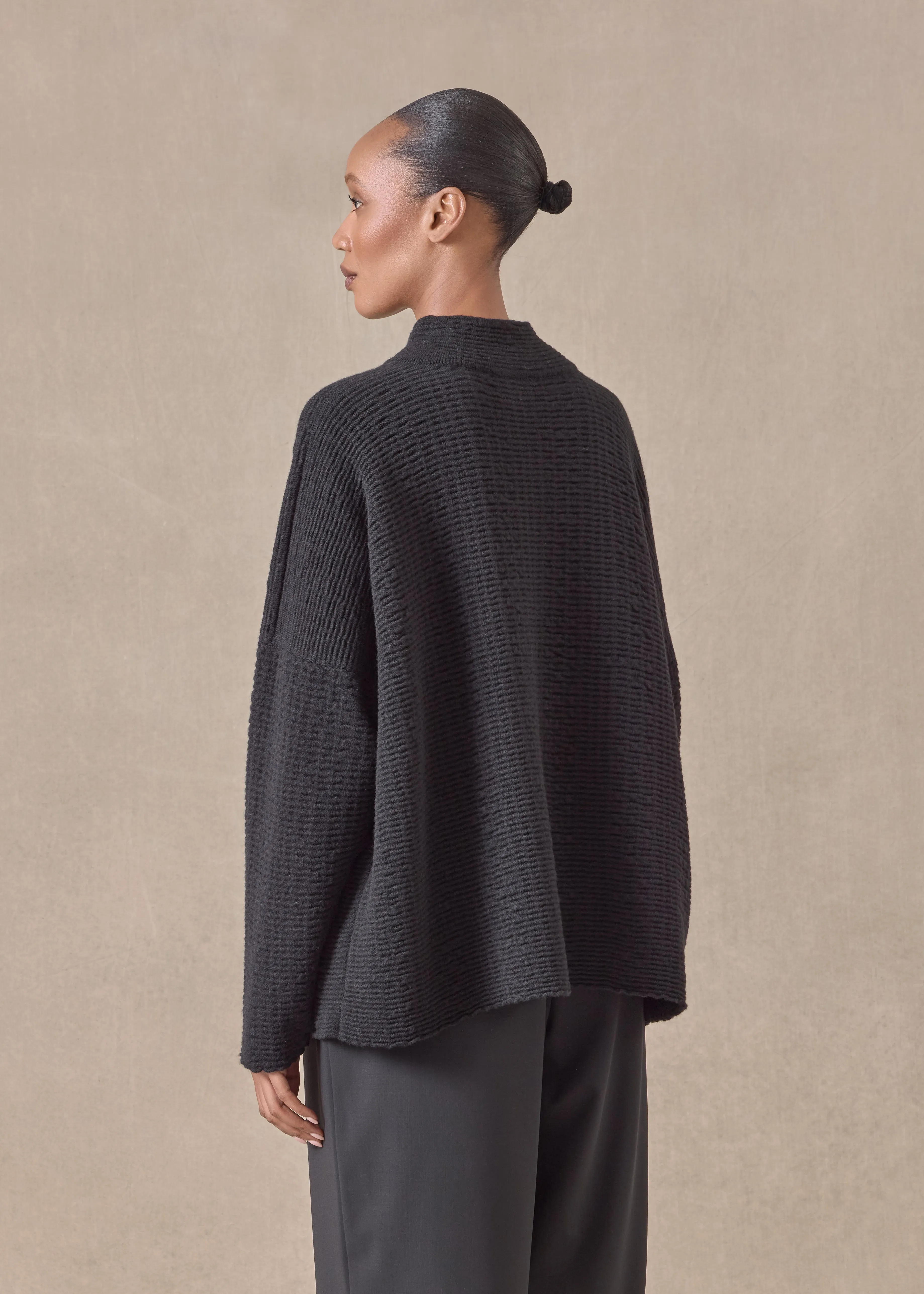 cashmere 3/4 width high neck cardigan - mid (black) sold by eskandar product image thumbnail 4