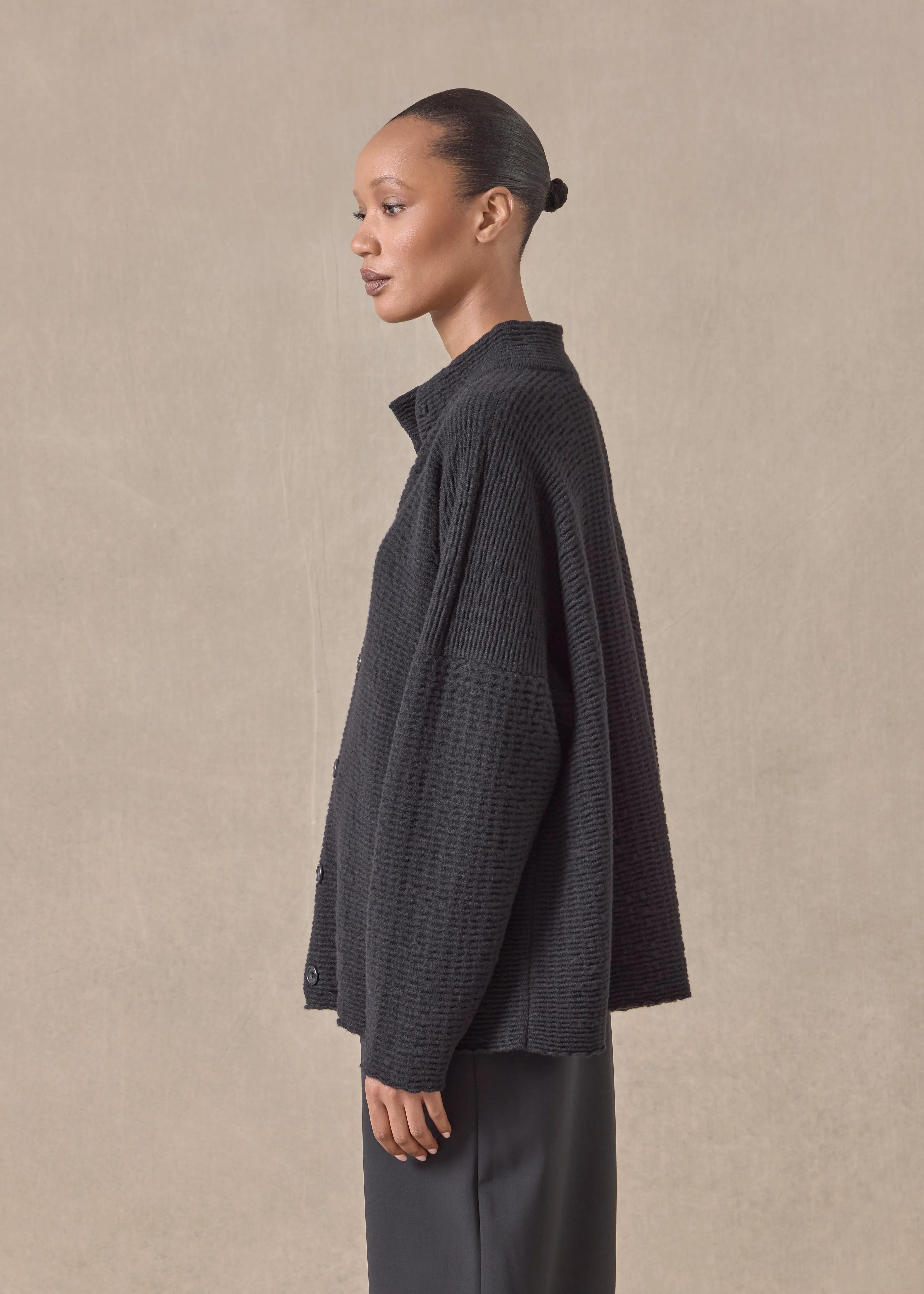 cashmere 3/4 width high neck cardigan - mid (black) sold by eskandar product image thumbnail 3