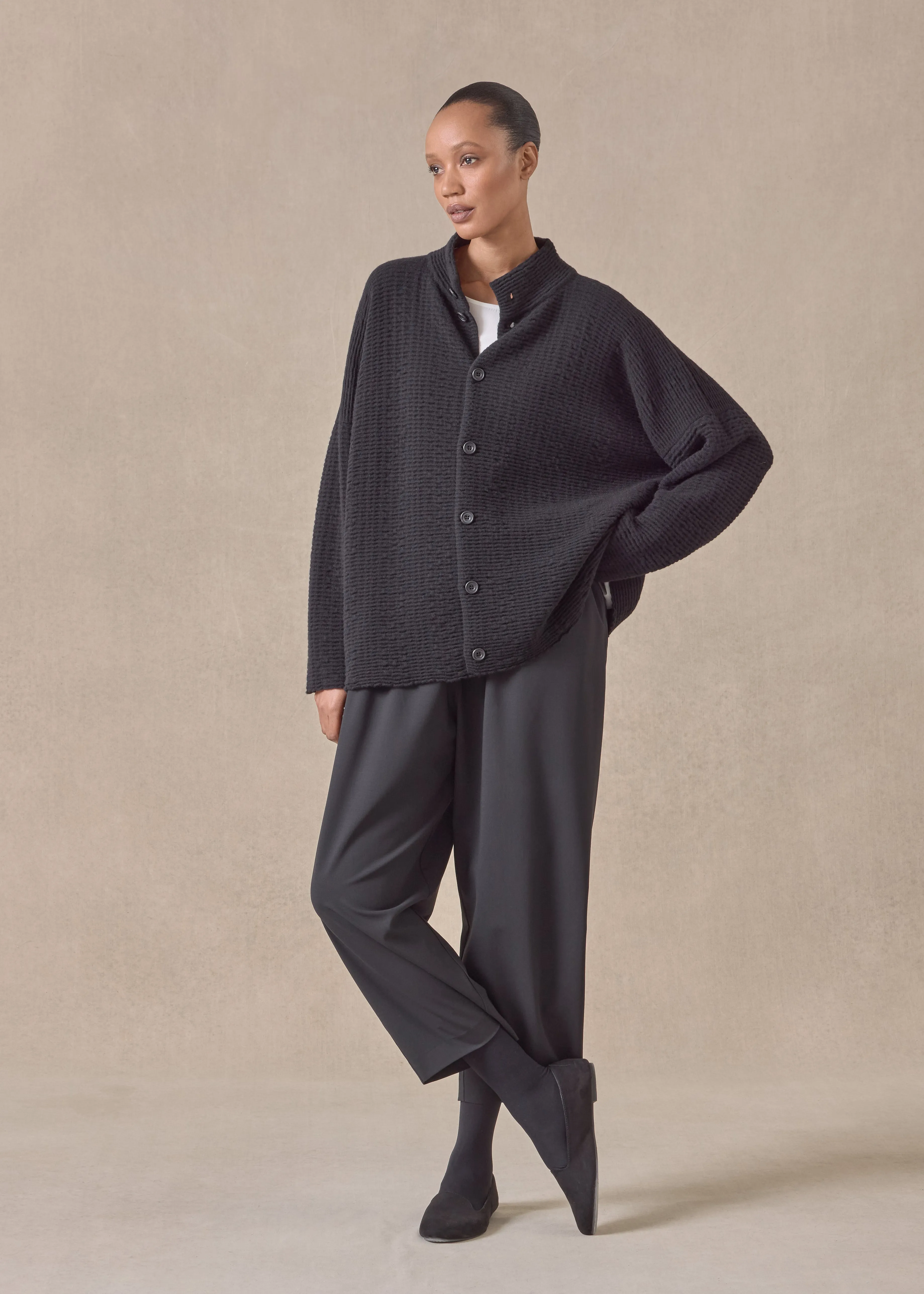 cashmere 3/4 width high neck cardigan - mid (black) sold by eskandar