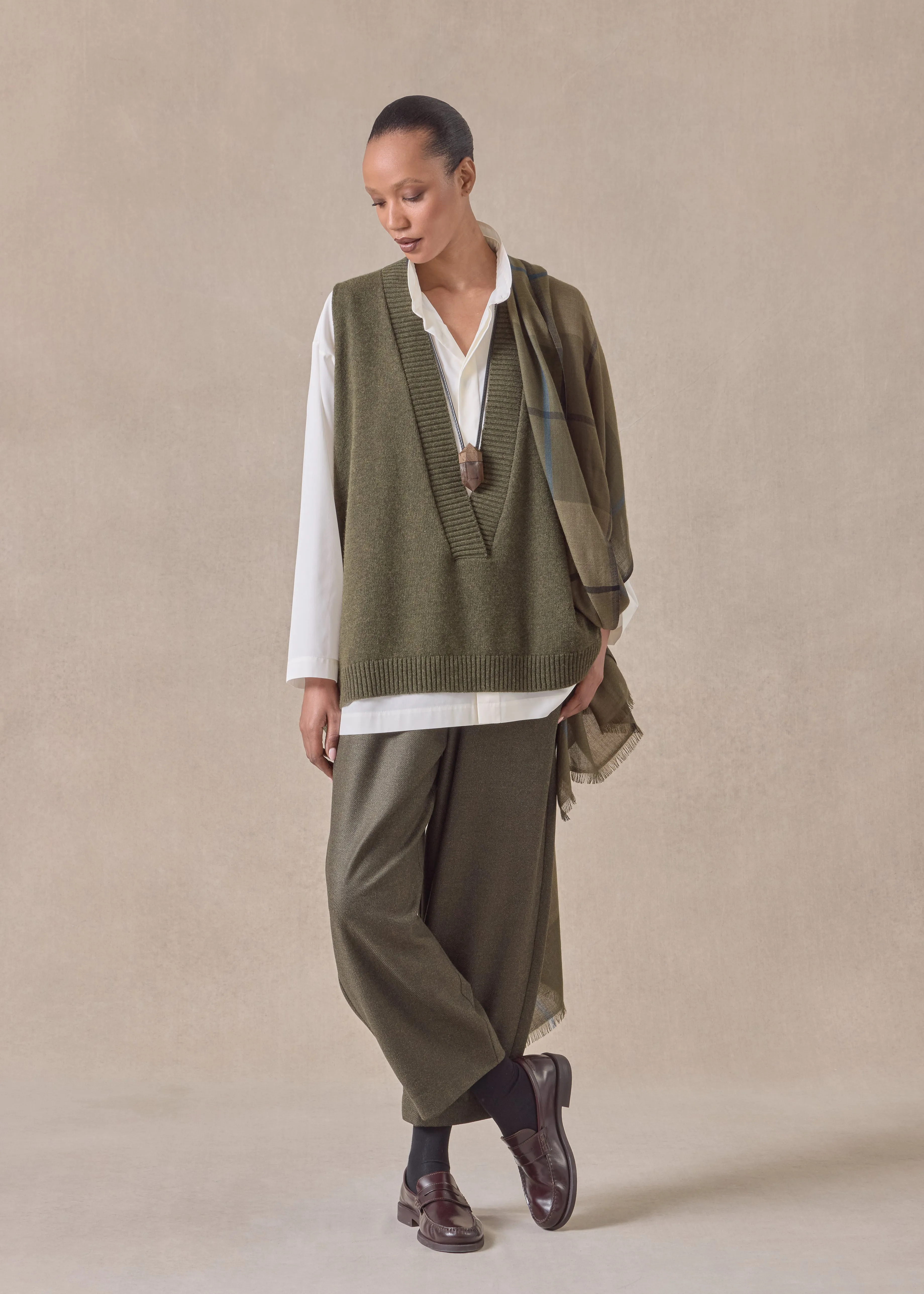 cashmere a-line sleeveless deep v-neck - mid plus (mossbronze) sold by eskandar