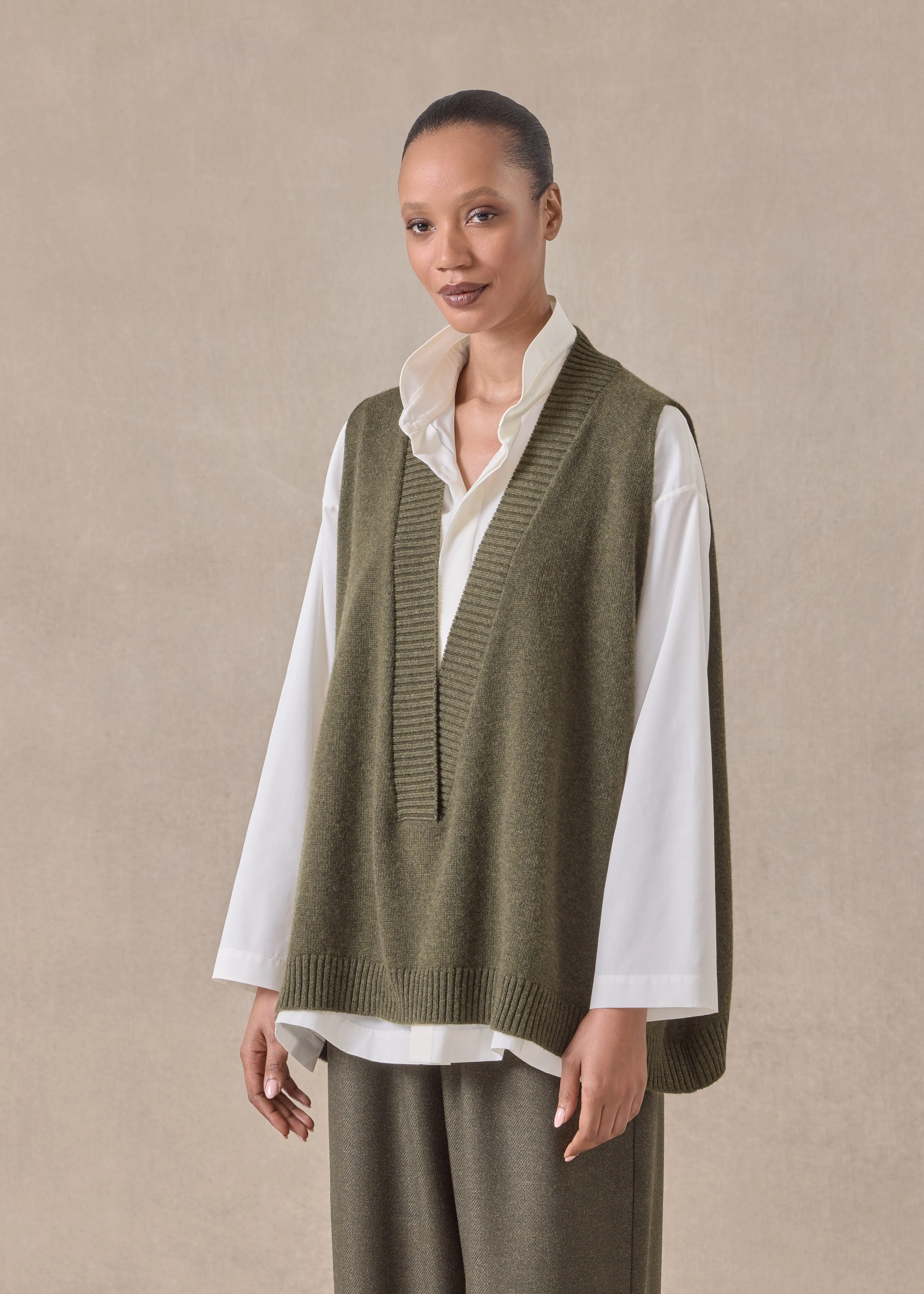 cashmere a-line sleeveless deep v-neck - mid plus (mossbronze) sold by eskandar product image thumbnail 2