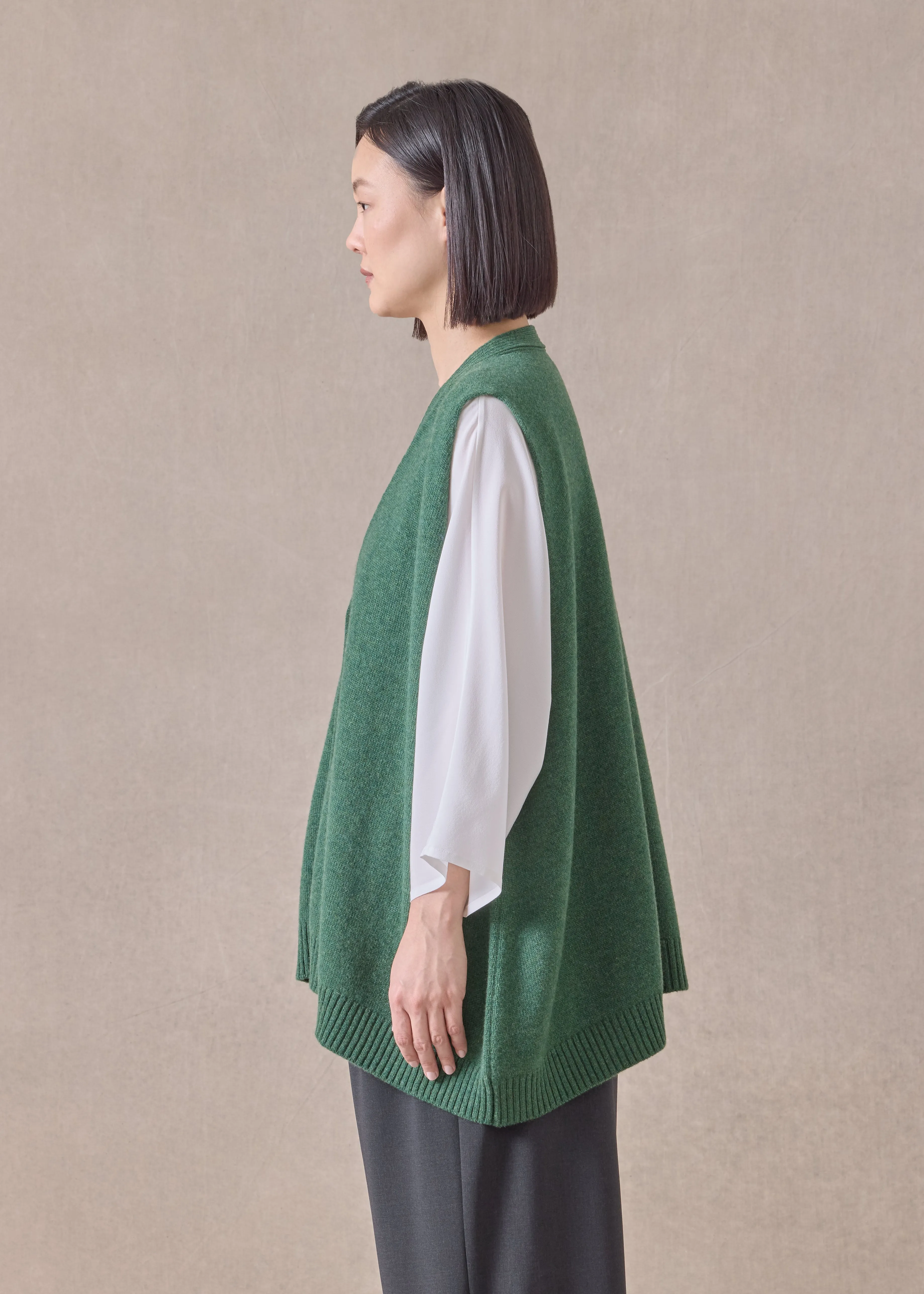 cashmere a-line sleeveless v neck cardigan - mid plus (pinegreen) sold by eskandar product image thumbnail 3