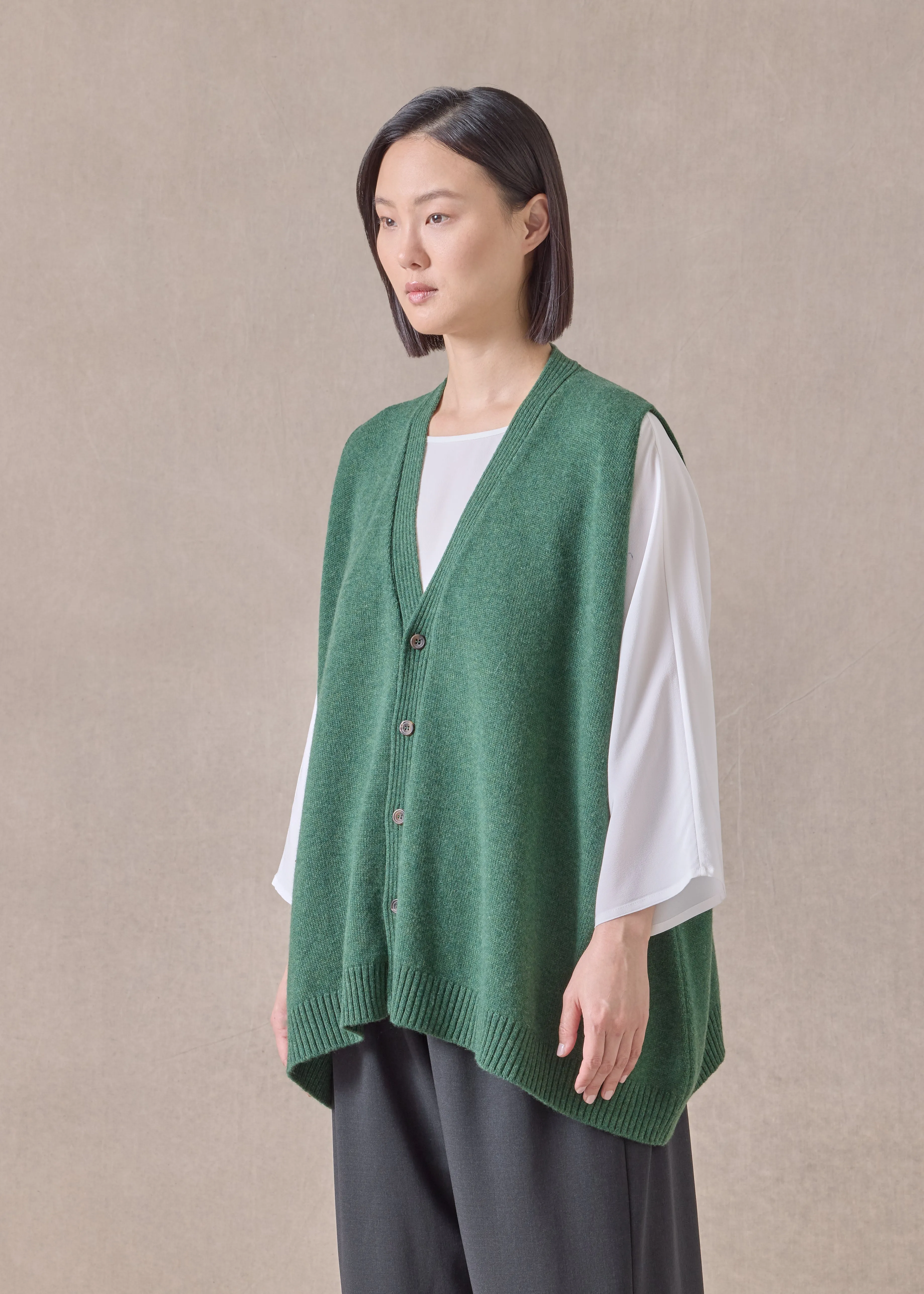 cashmere a-line sleeveless v neck cardigan - mid plus (pinegreen) sold by eskandar product image thumbnail 2