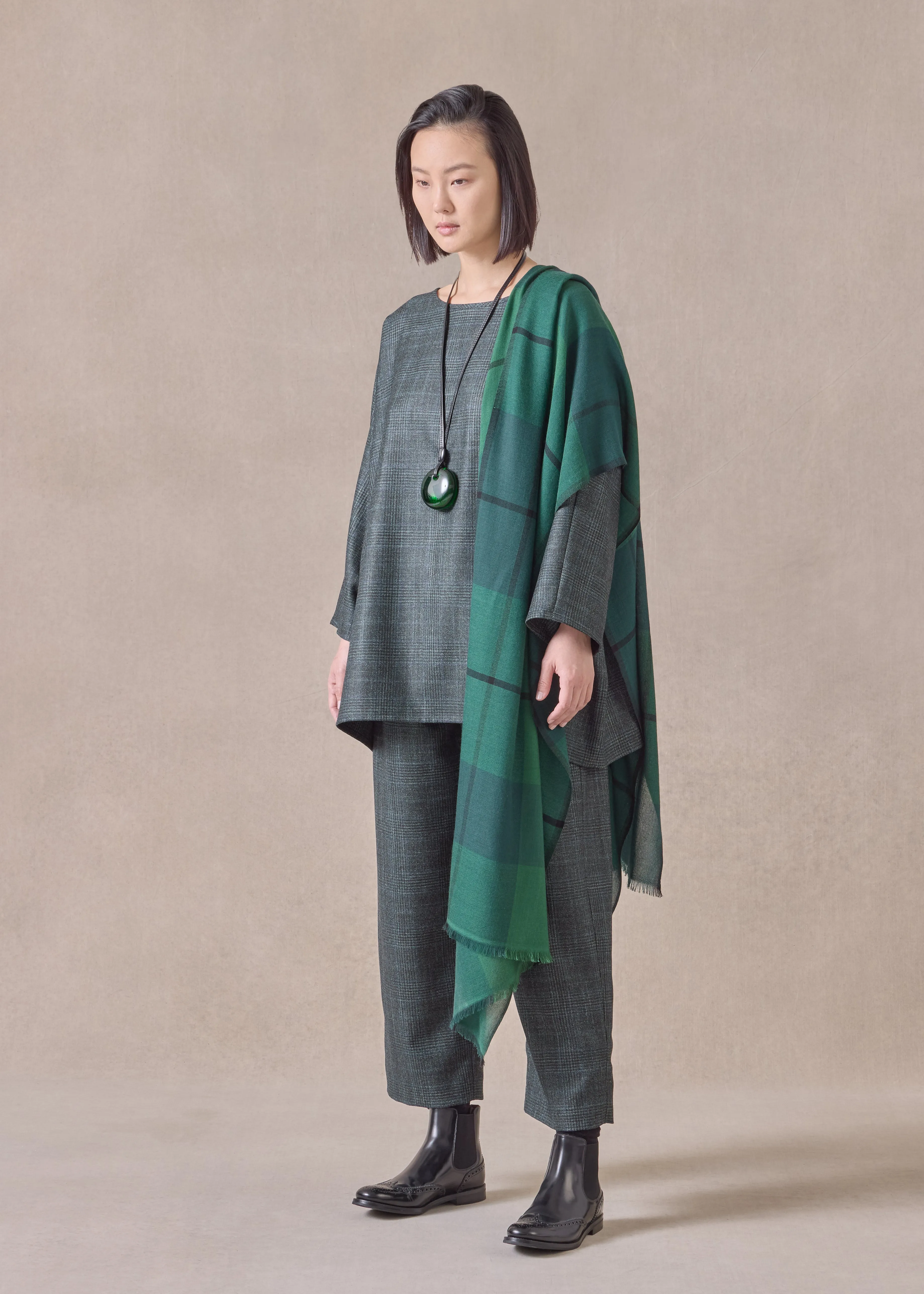 cashmere silk wool mix boat neck top - long (darkforest) sold by eskandar product image thumbnail 2