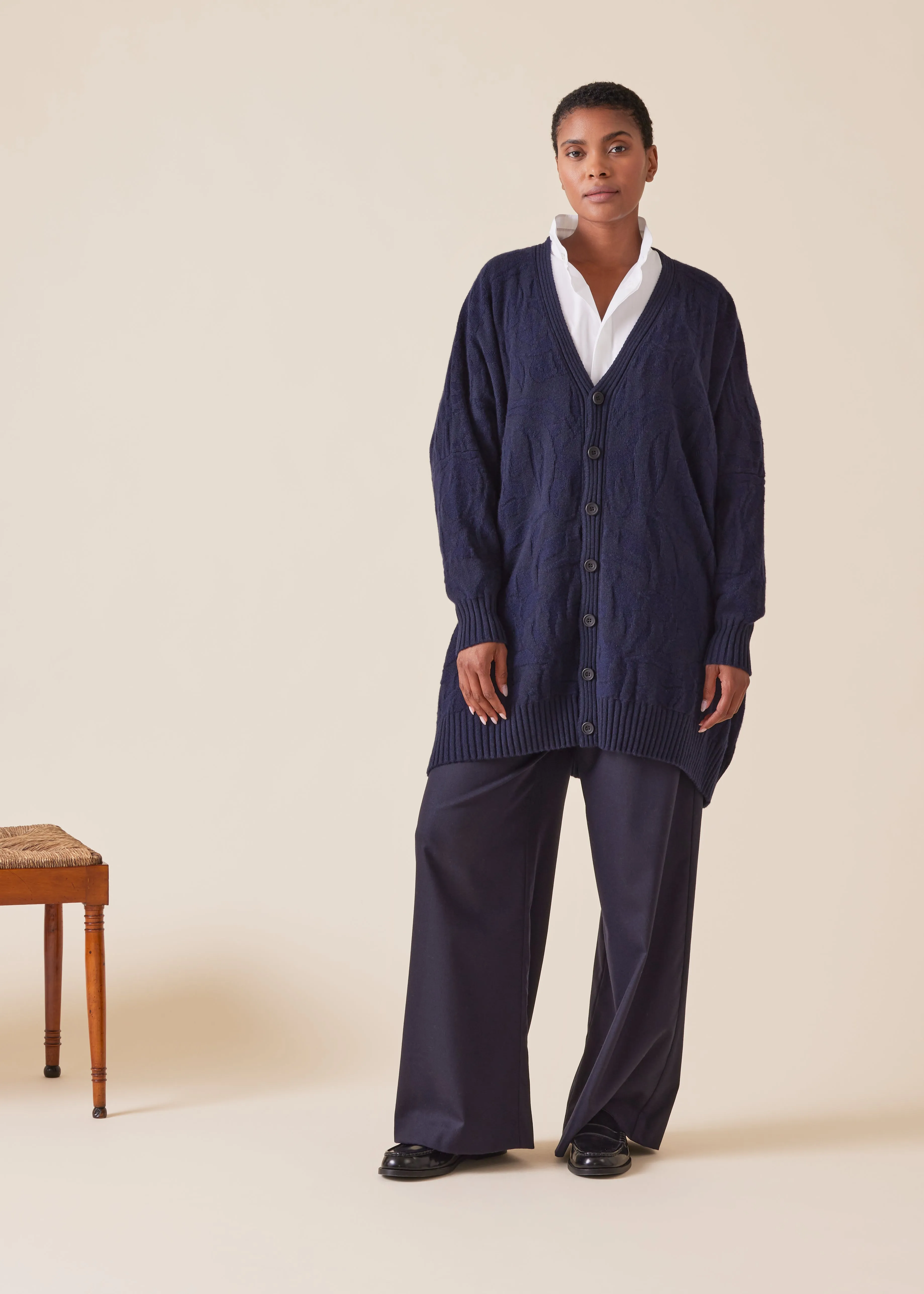 cashmere wide V-neck cardigan - long plus (navy) sold by eskandar