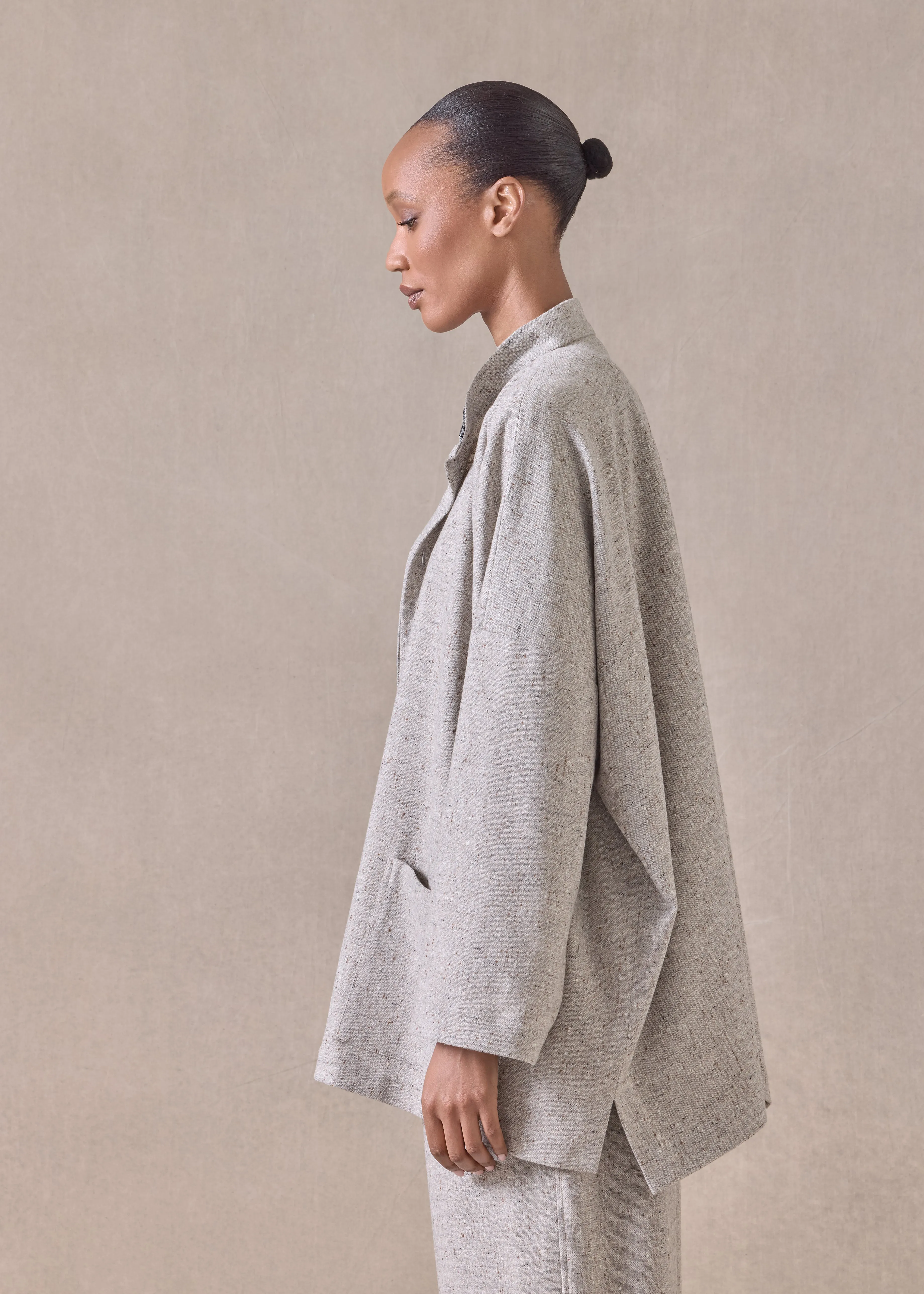 wool wide longer back mandarin jacket- long (stone) sold by eskandar product image thumbnail 4