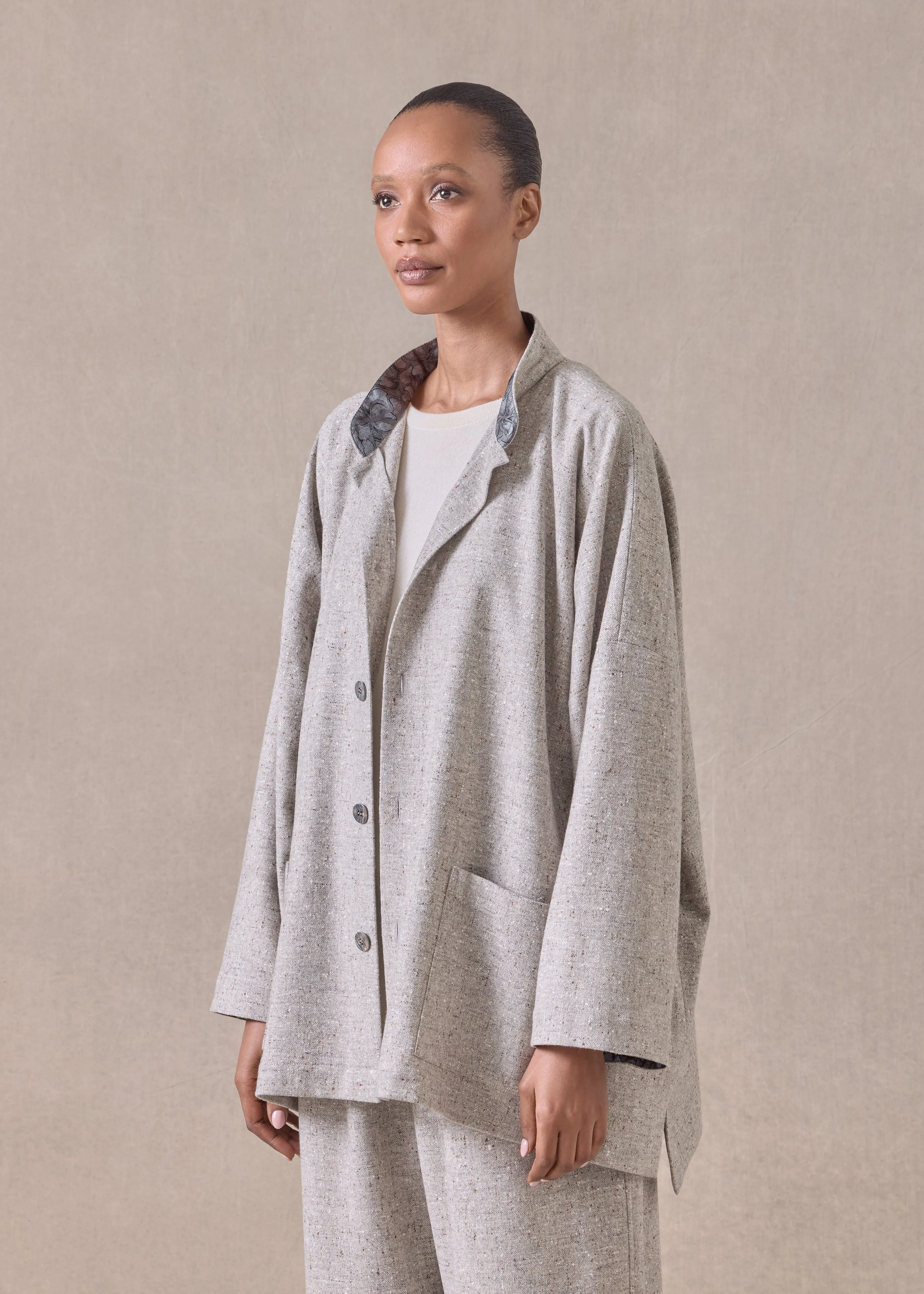 wool wide longer back mandarin jacket- long (stone) sold by eskandar product image thumbnail 2