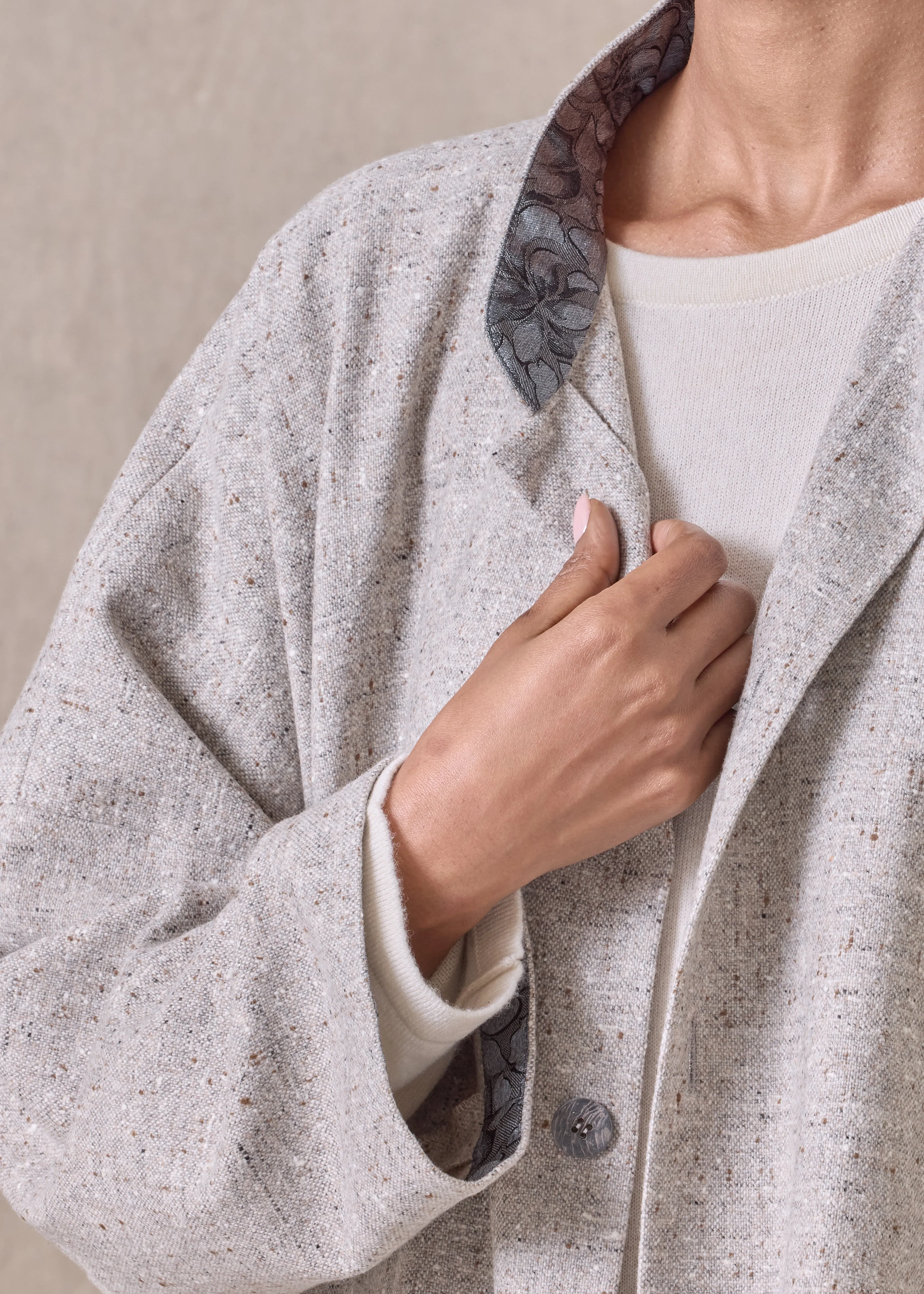 wool wide longer back mandarin jacket- long (stone) sold by eskandar product image thumbnail 3