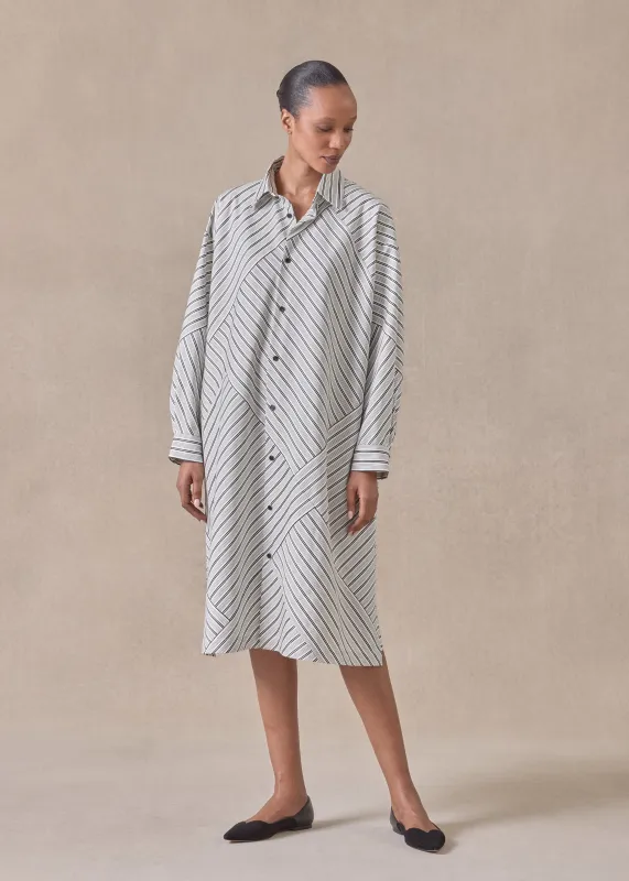 cotton slim a-line long sleeve shirt dress with collar and stepped insert -3/4 length (blackstripe) sold by eskandar