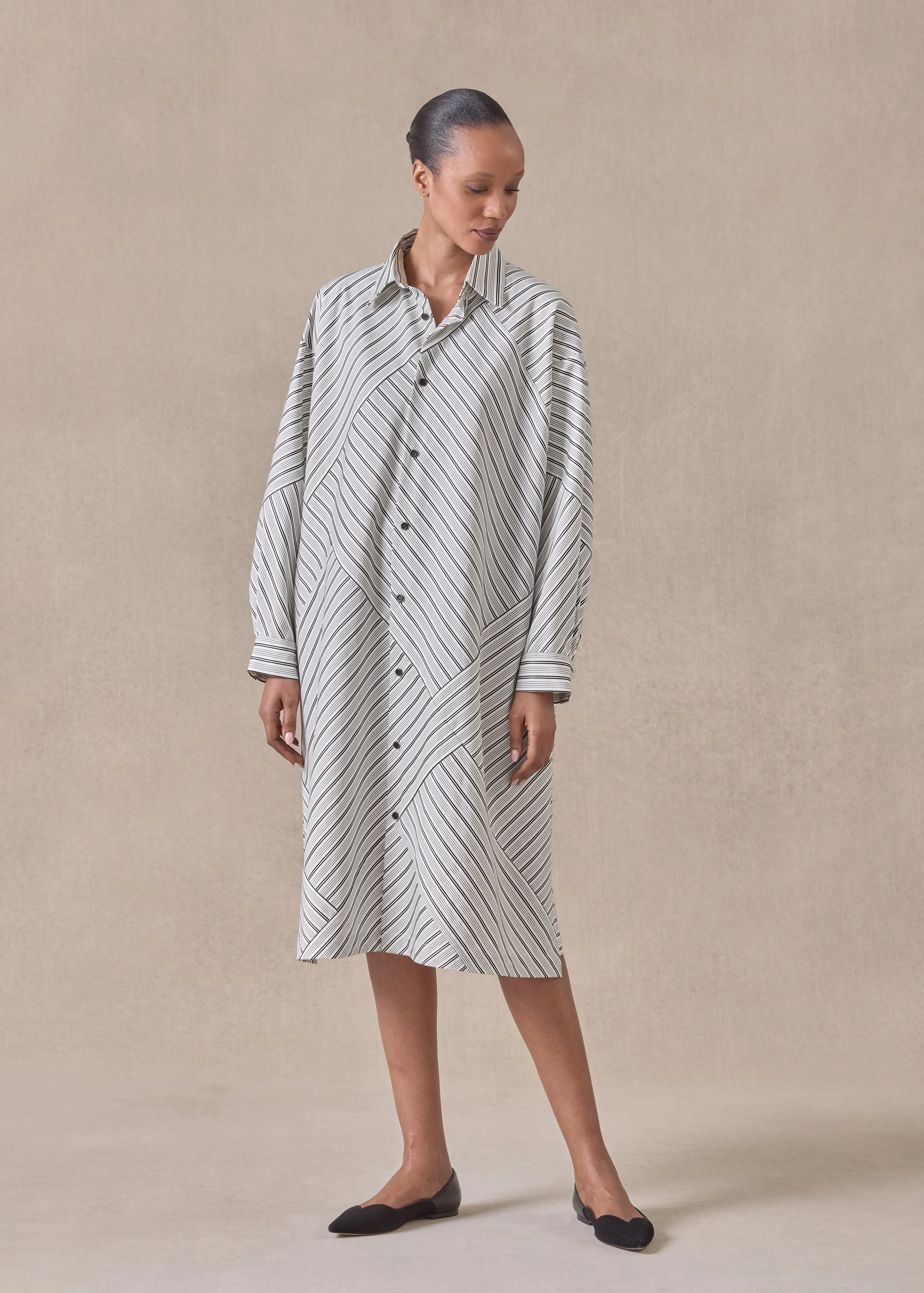 cotton slim a-line long sleeve shirt dress with collar and stepped insert -3/4 length (blackstripe) sold by eskandar