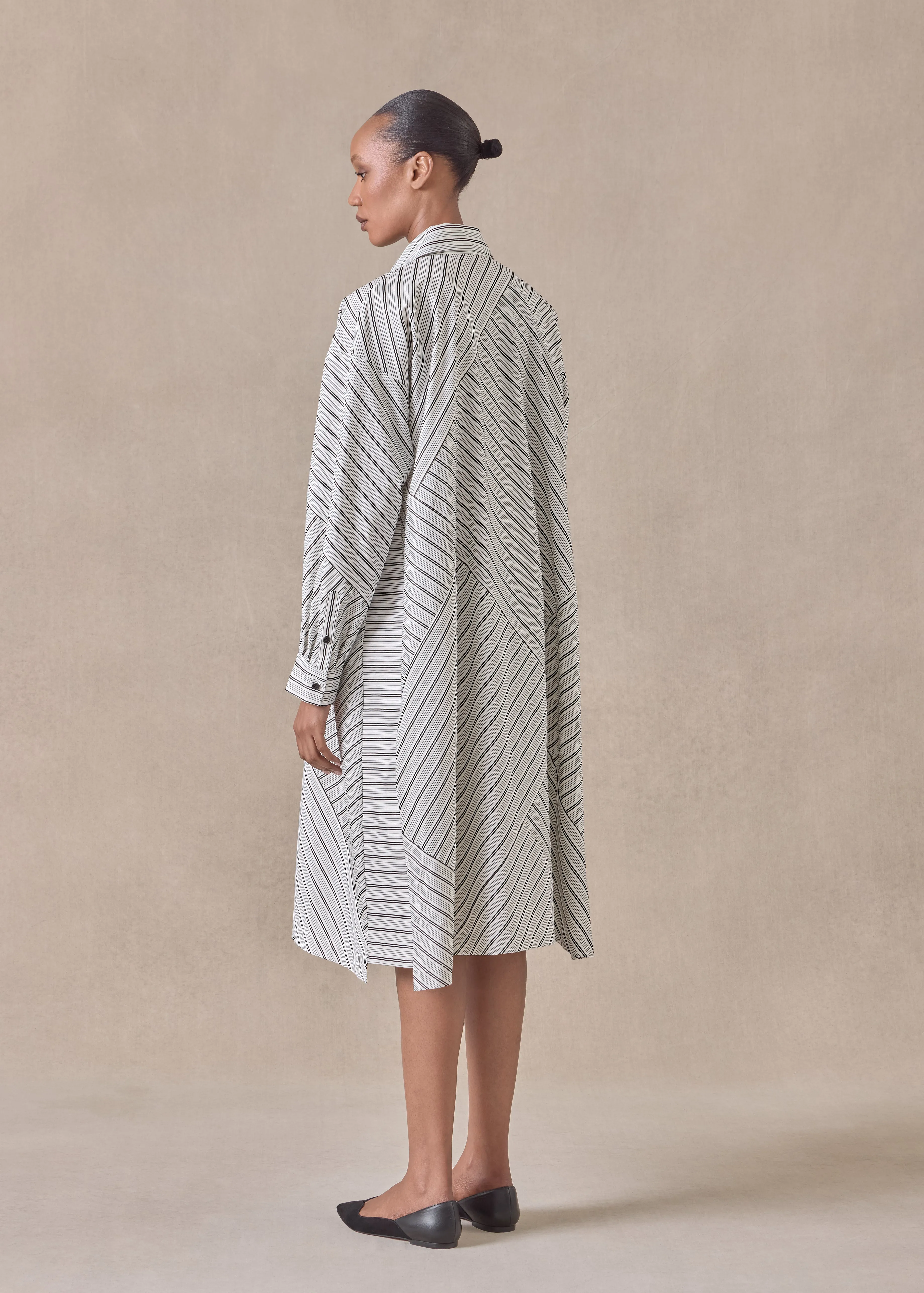 cotton slim a-line long sleeve shirt dress with collar and stepped insert -3/4 length (blackstripe) sold by eskandar product image thumbnail 3