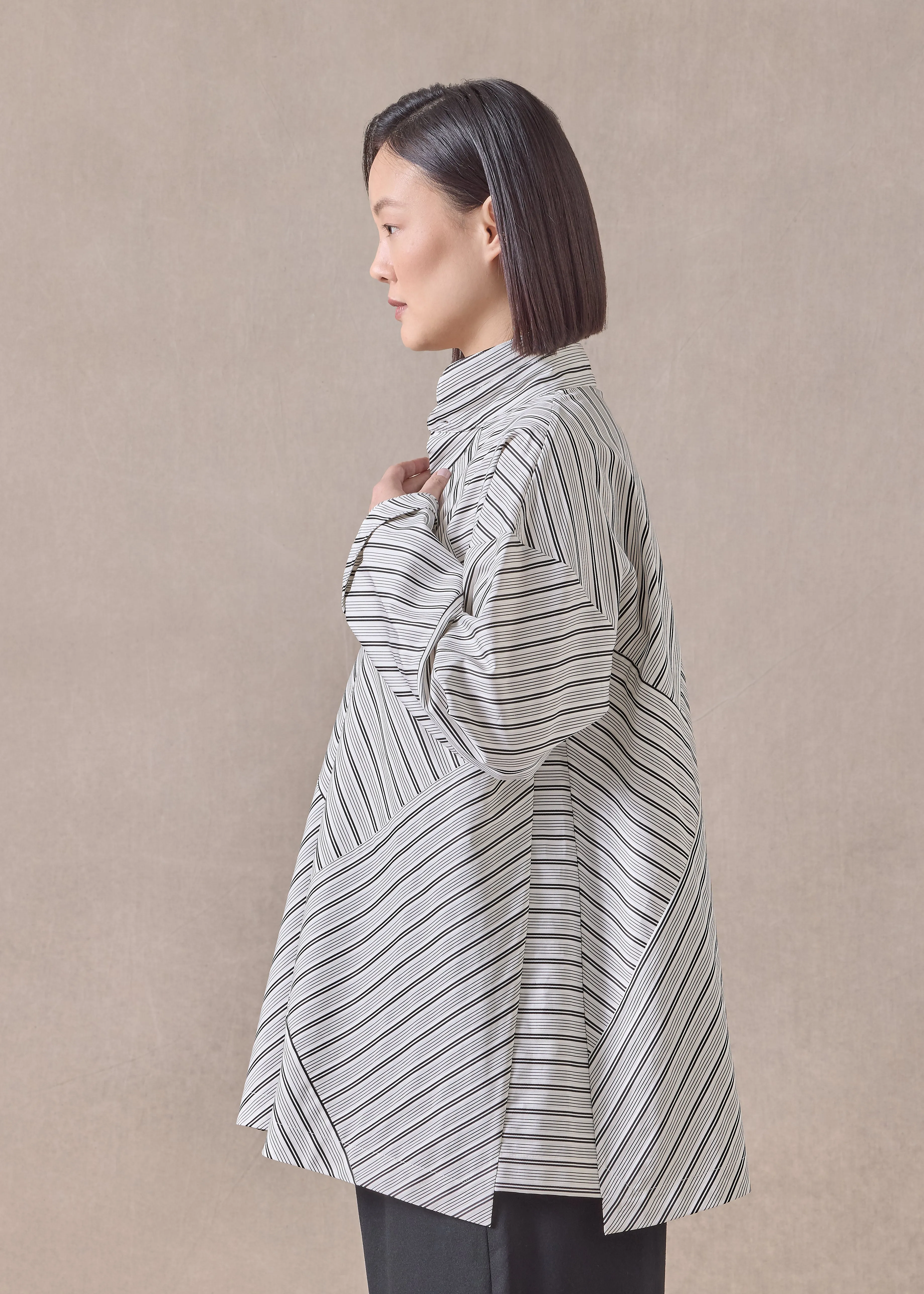 cotton slim a-line double stand collar shirt with stepped insert - long (patchwork) (blackstripe) sold by eskandar product image thumbnail 3