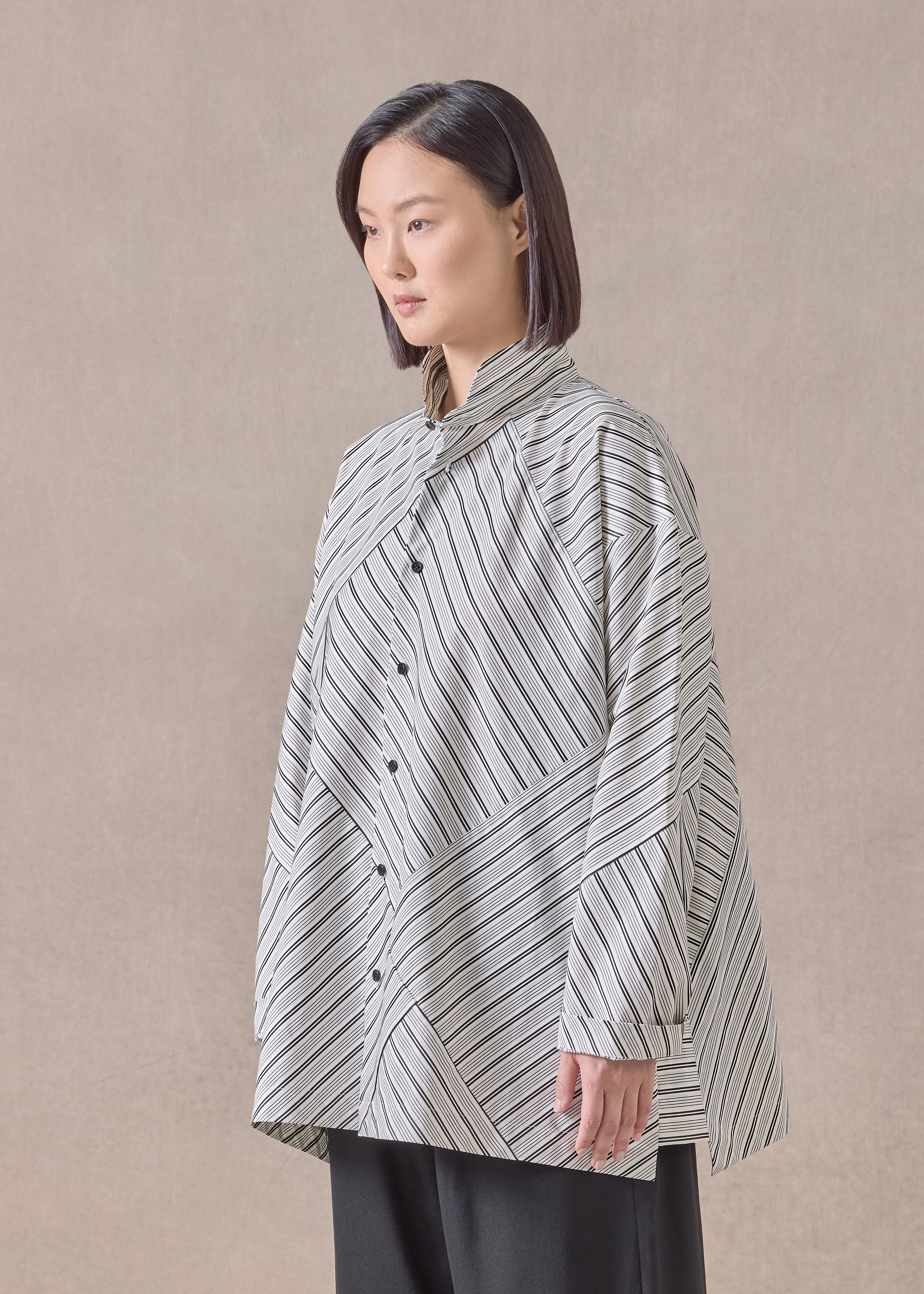 cotton slim a-line double stand collar shirt with stepped insert - long (patchwork) (blackstripe) sold by eskandar product image thumbnail 2