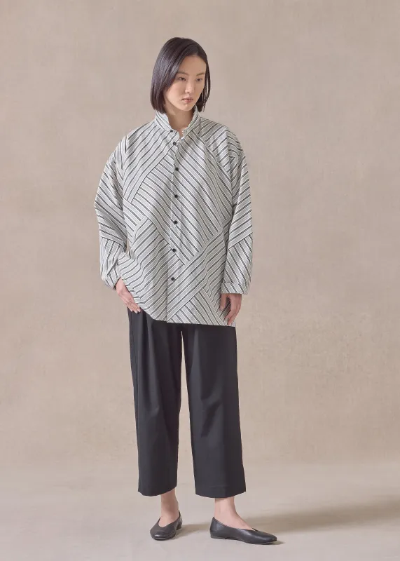 cotton slim a-line double stand collar shirt with stepped insert - long (patchwork) (blackstripe) sold by eskandar