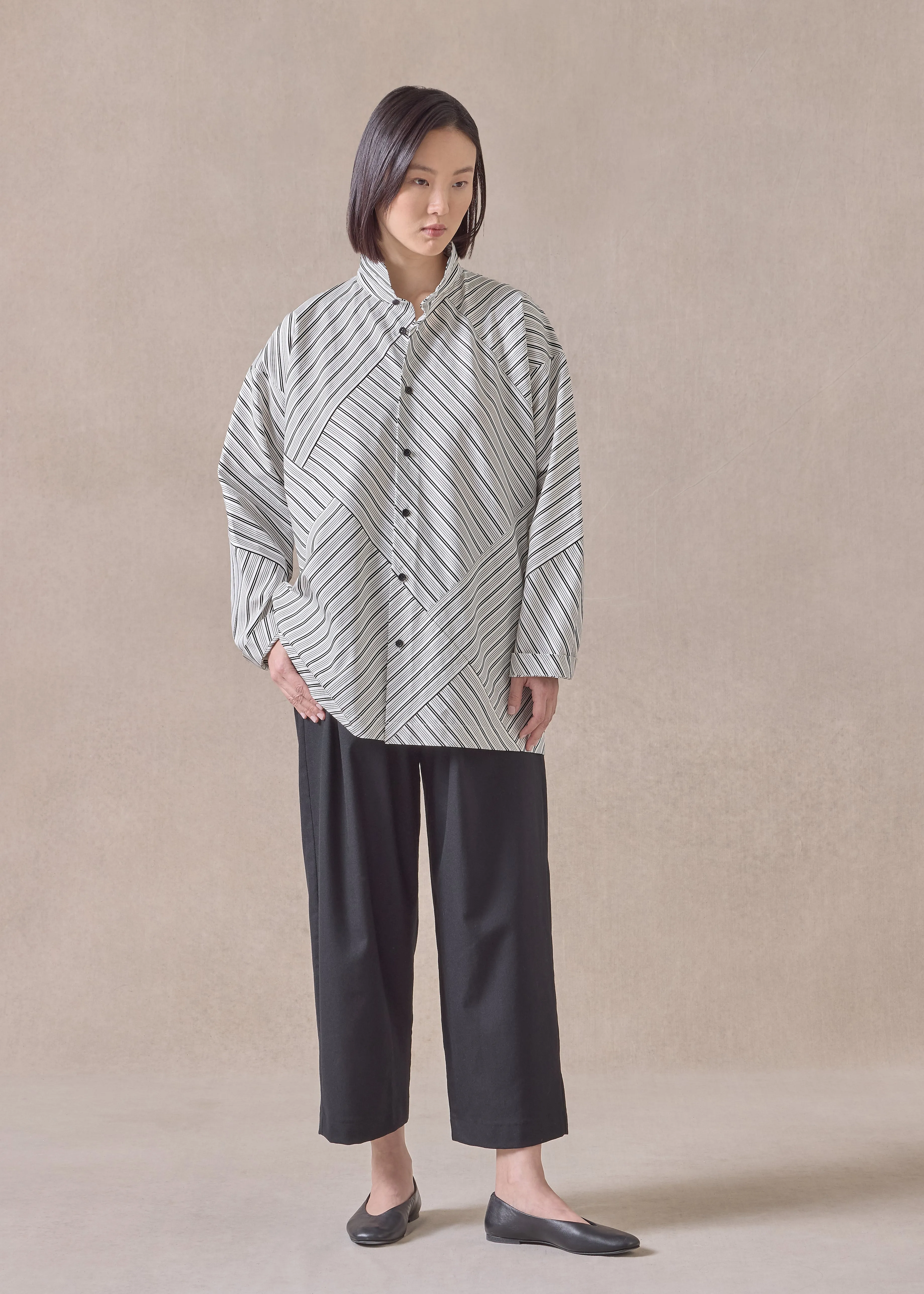 cotton slim a-line double stand collar shirt with stepped insert - long (patchwork) (blackstripe) sold by eskandar